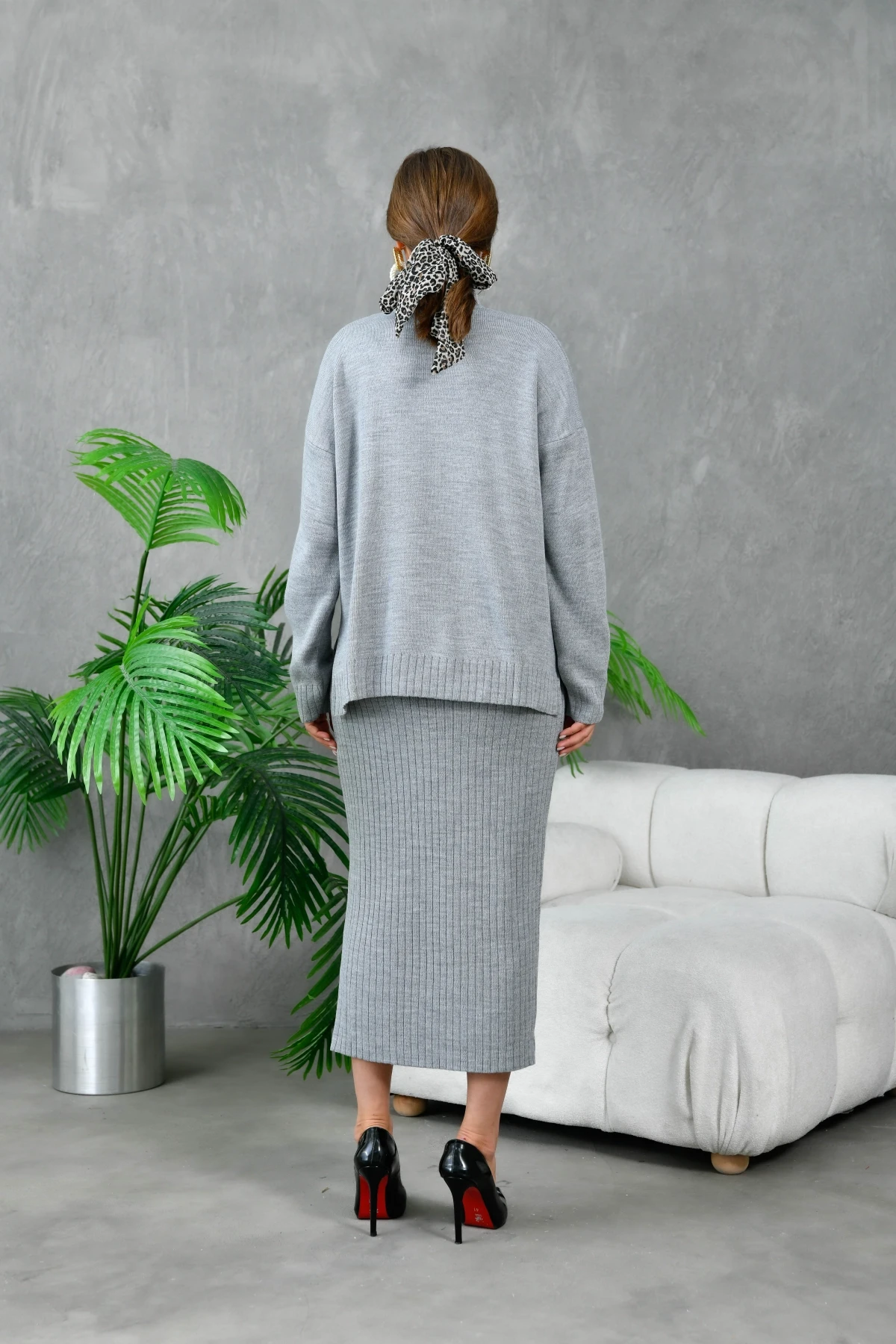 Kadın Dik Yaka Salaş Kazak Uzun Etekli İkili Triko Takım