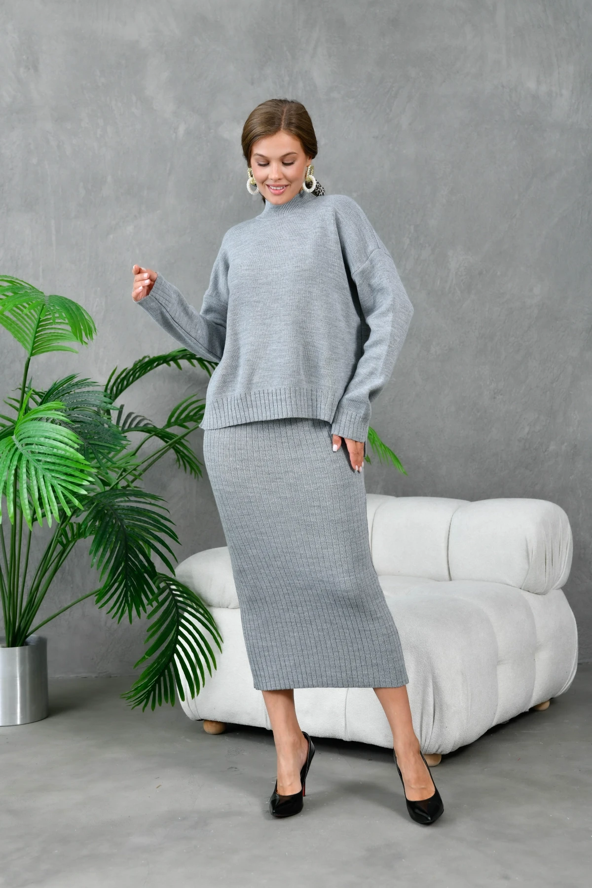 Kadın Dik Yaka Salaş Kazak Uzun Etekli İkili Triko Takım