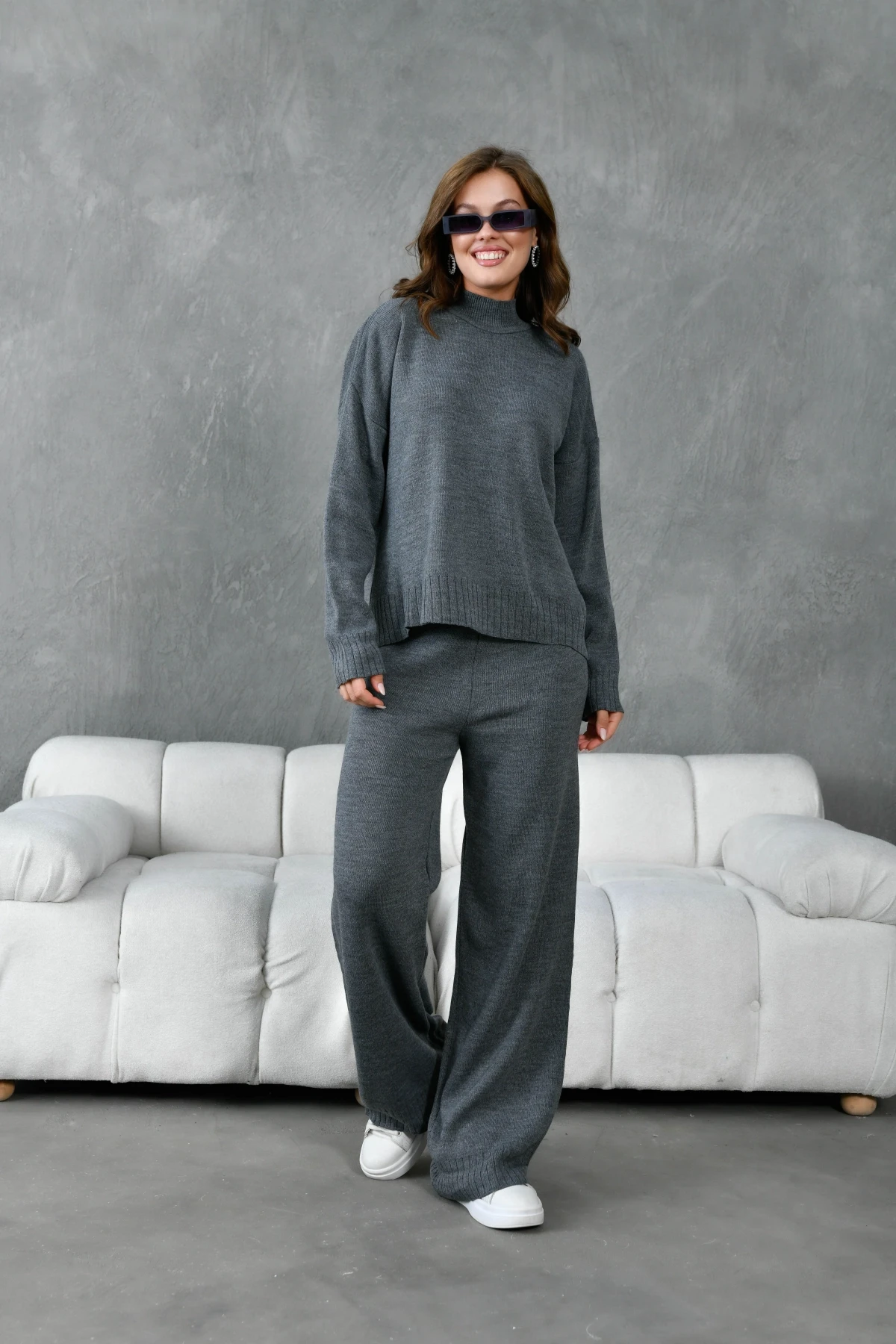 Kadın Dik Yaka Yırtmaçlı Oversize Kazak Pantolon İkil Triko Takım