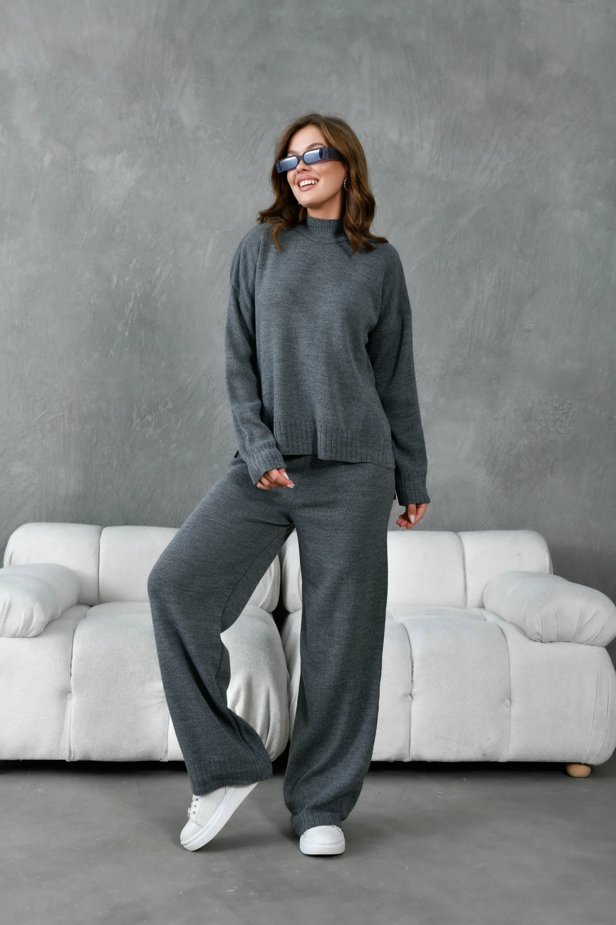 Kadın Dik Yaka Yırtmaçlı Oversize Kazak Pantolon İkil Triko Takım