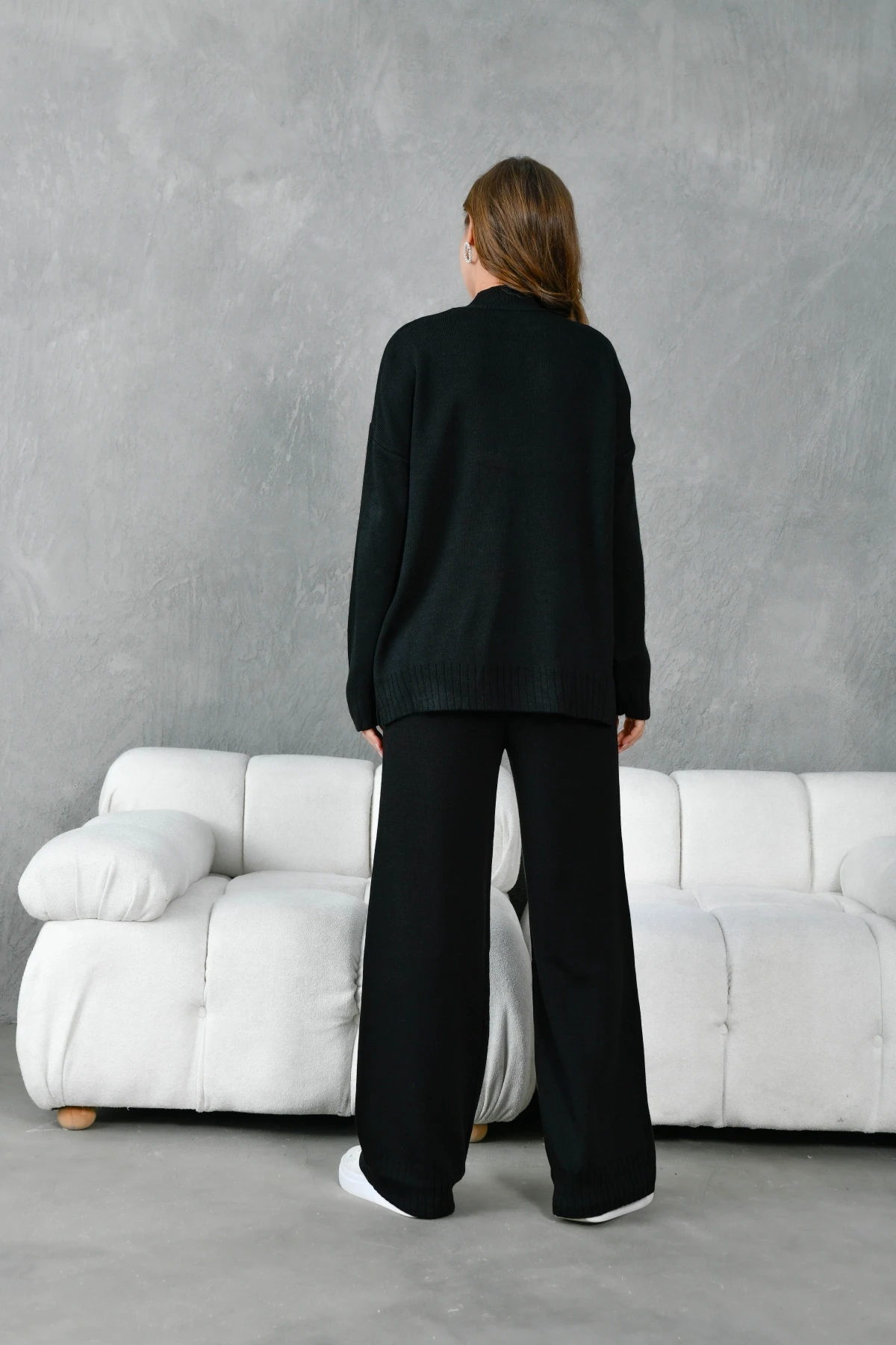 Kadın Dik Yaka Yırtmaçlı Oversize Kazak Pantolon İkil Triko Takım