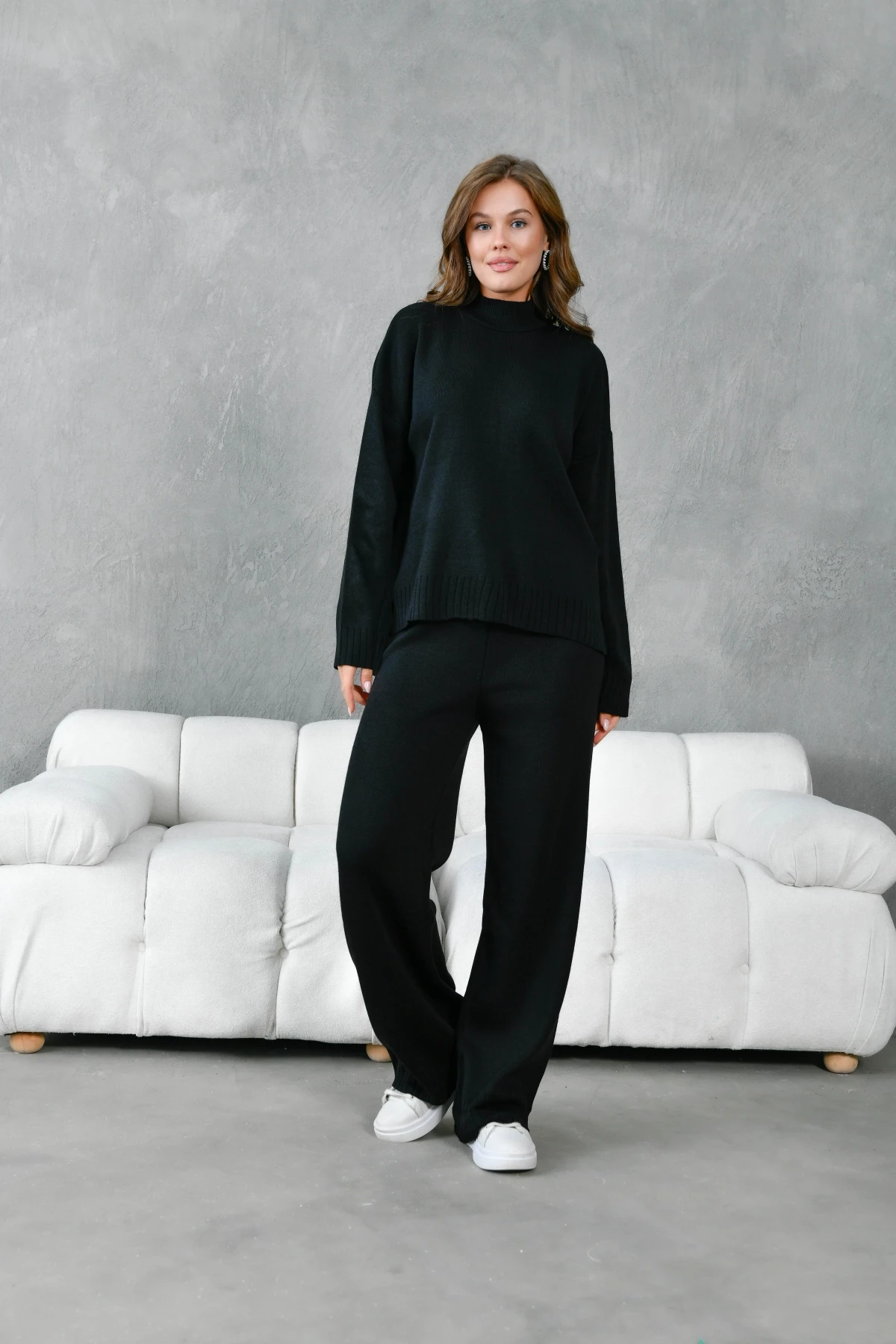 Kadın Dik Yaka Yırtmaçlı Oversize Kazak Pantolon İkil Triko Takım