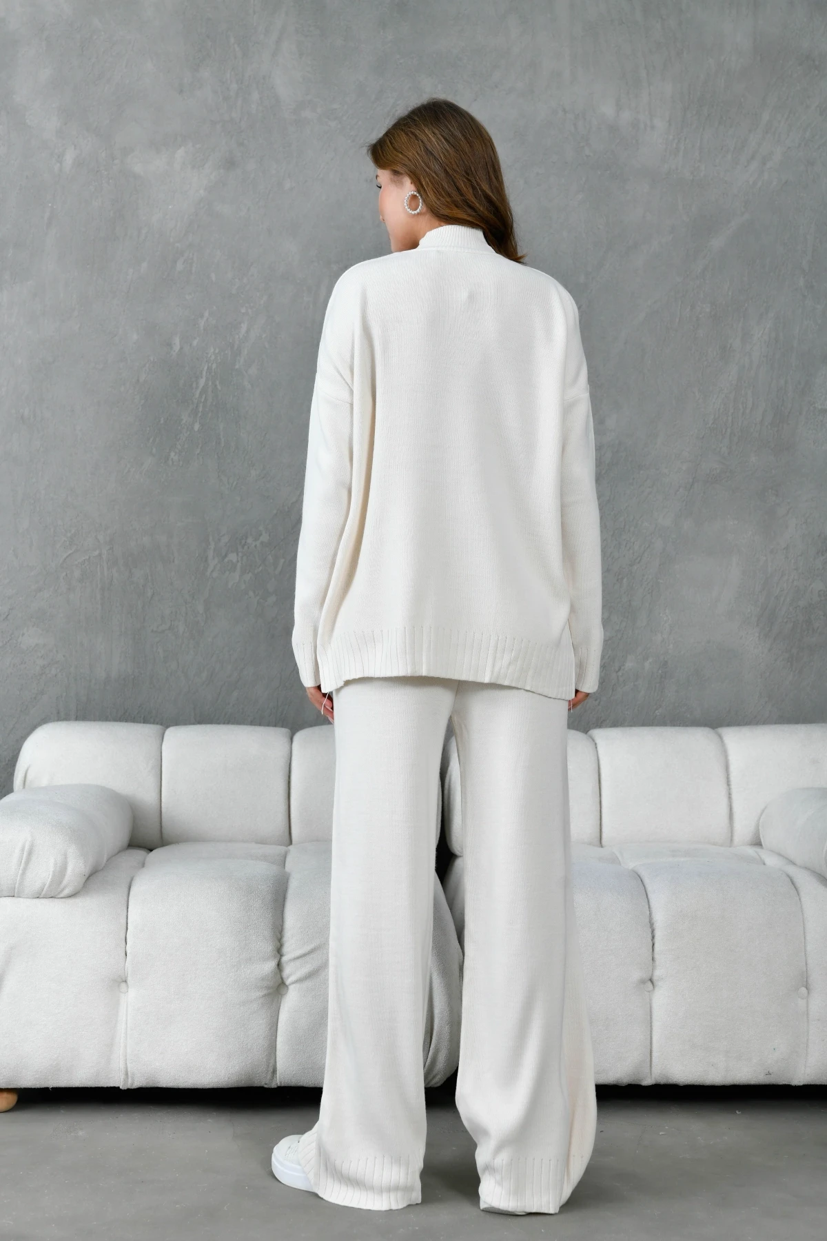 Kadın Dik Yaka Yırtmaçlı Oversize Kazak Pantolon İkil Triko Takım