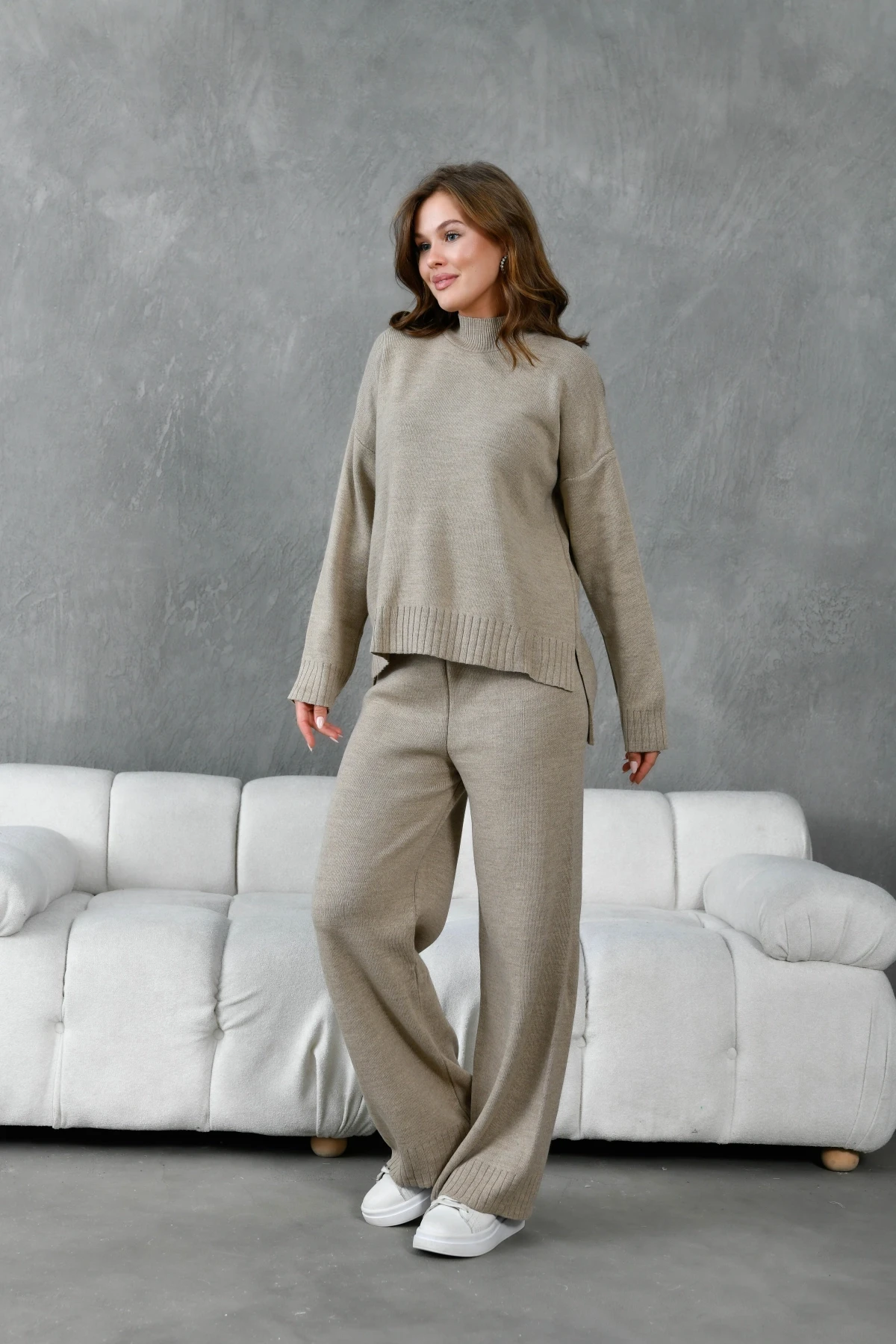 Kadın Dik Yaka Yırtmaçlı Oversize Kazak Pantolon İkil Triko Takım