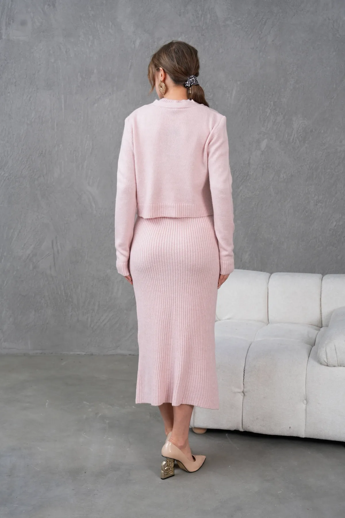 Kadın Düğme Detay Cekt Kolsuz Kaşkorse Elbise İkili Triko Takım