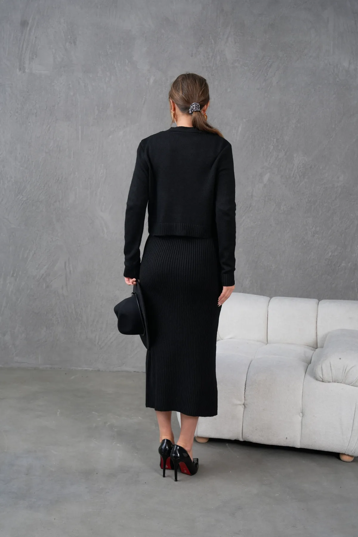 Kadın Düğme Detay Cekt Kolsuz Kaşkorse Elbise İkili Triko Takım