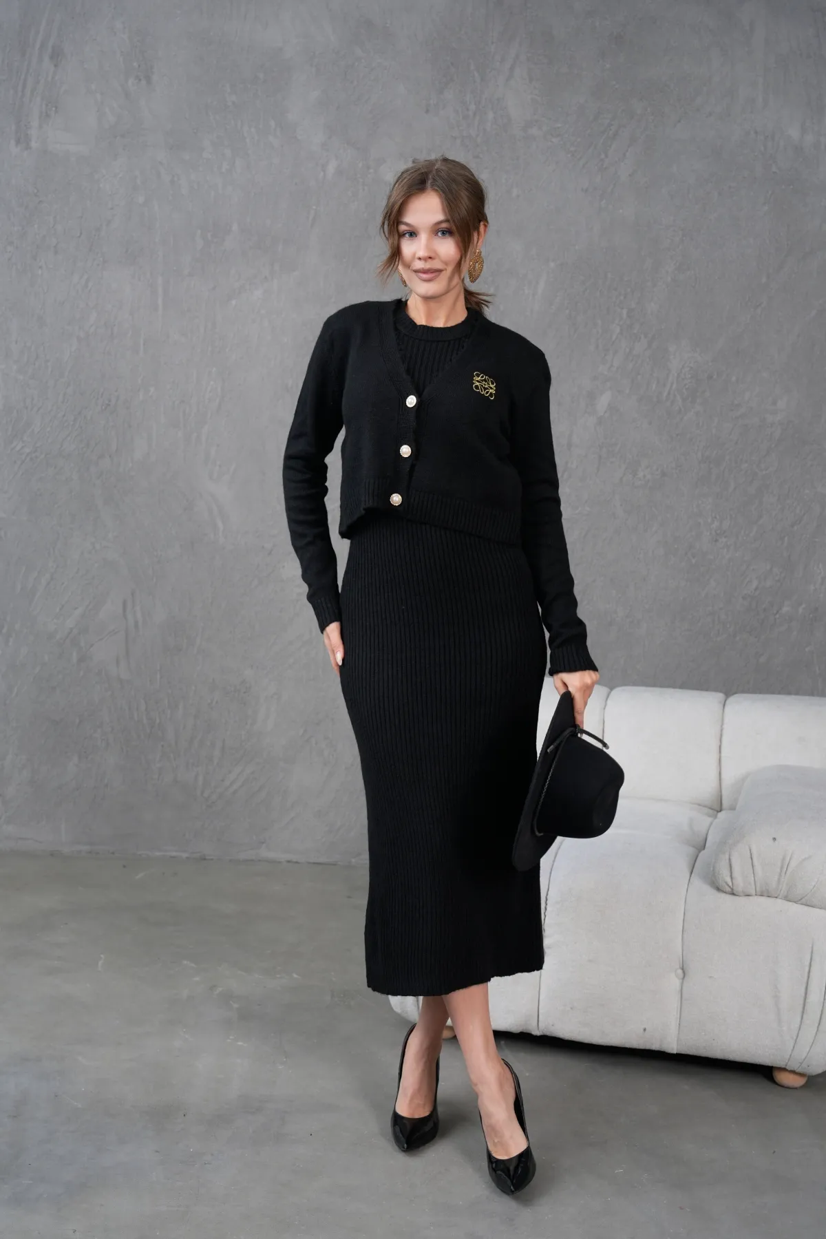 Kadın Düğme Detay Cekt Kolsuz Kaşkorse Elbise İkili Triko Takım