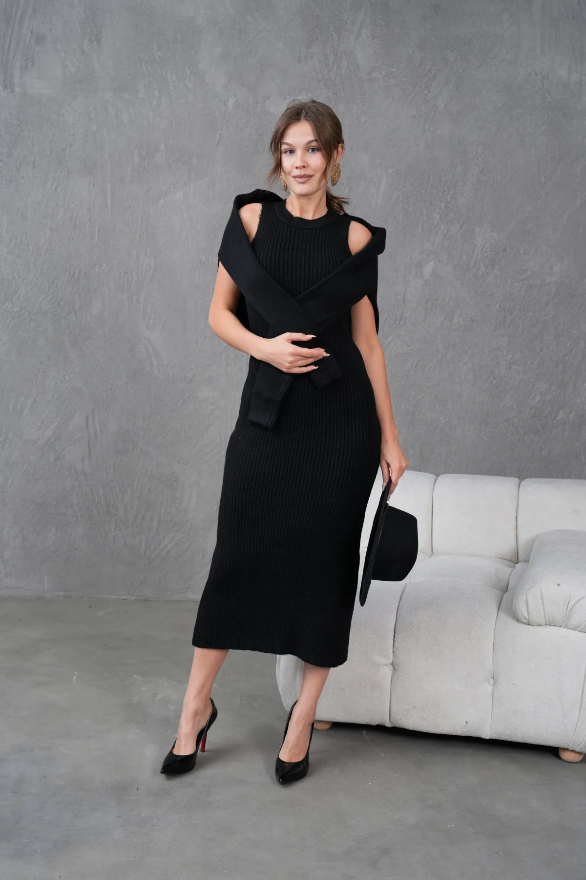 Kadın Düğme Detay Cekt Kolsuz Kaşkorse Elbise İkili Triko Takım