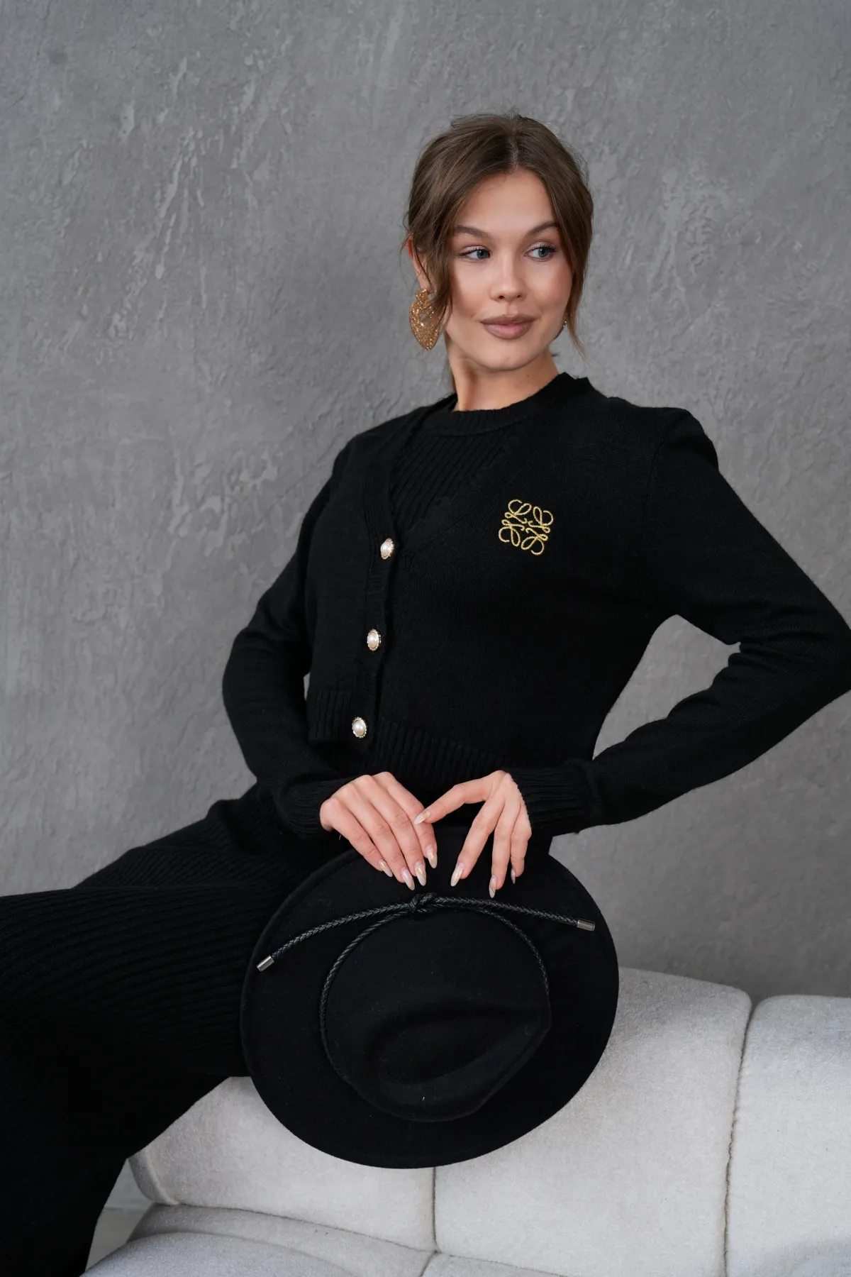 Kadın Düğme Detay Cekt Kolsuz Kaşkorse Elbise İkili Triko Takım