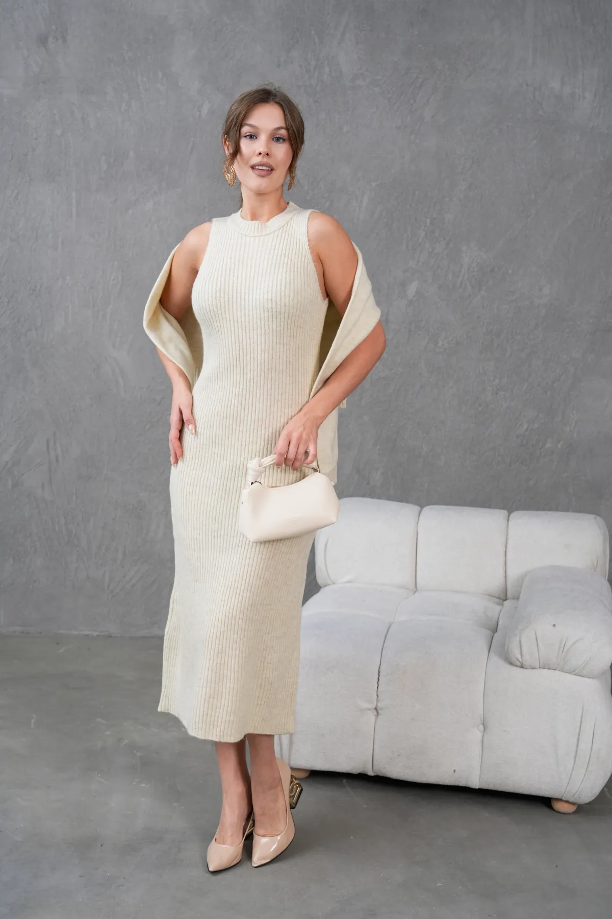 Kadın Düğme Detay Cekt Kolsuz Kaşkorse Elbise İkili Triko Takım