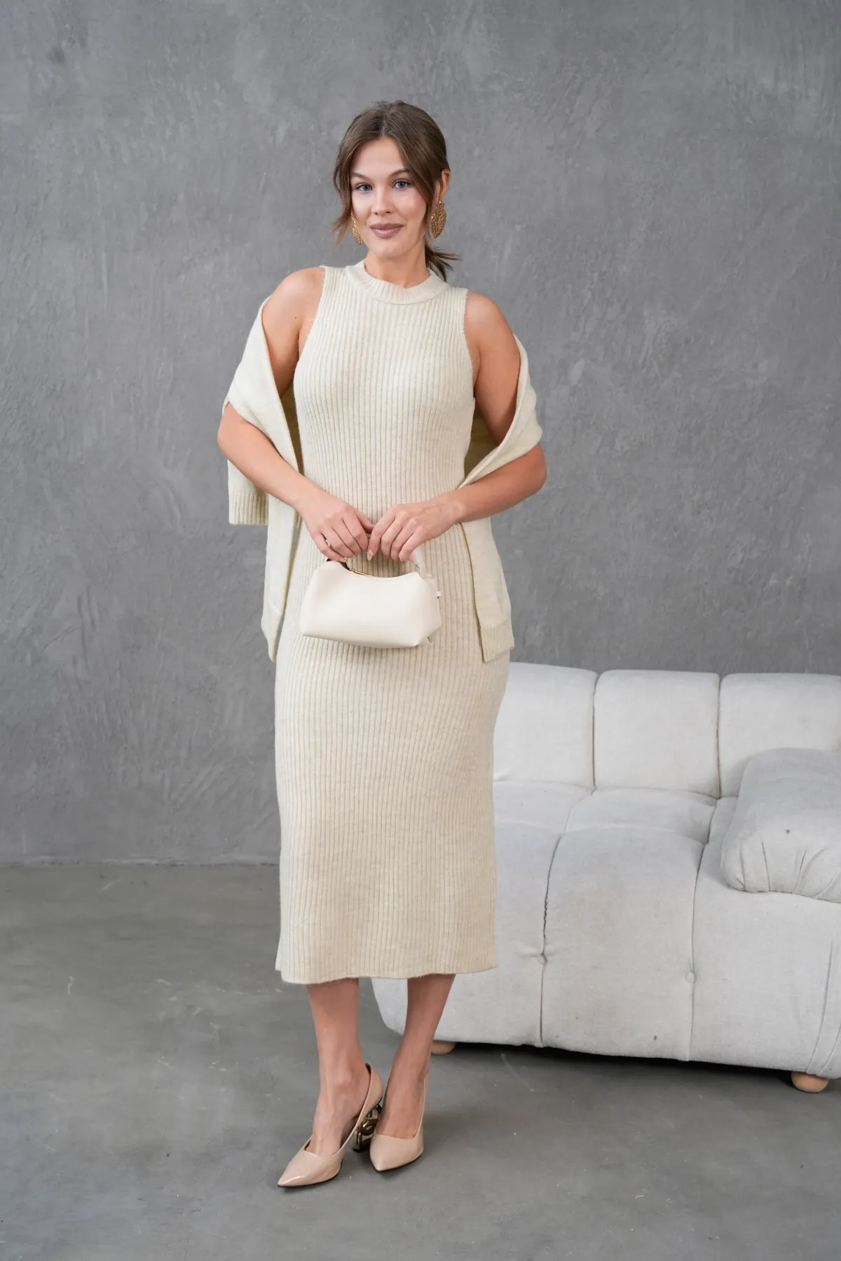 Kadın Düğme Detay Cekt Kolsuz Kaşkorse Elbise İkili Triko Takım