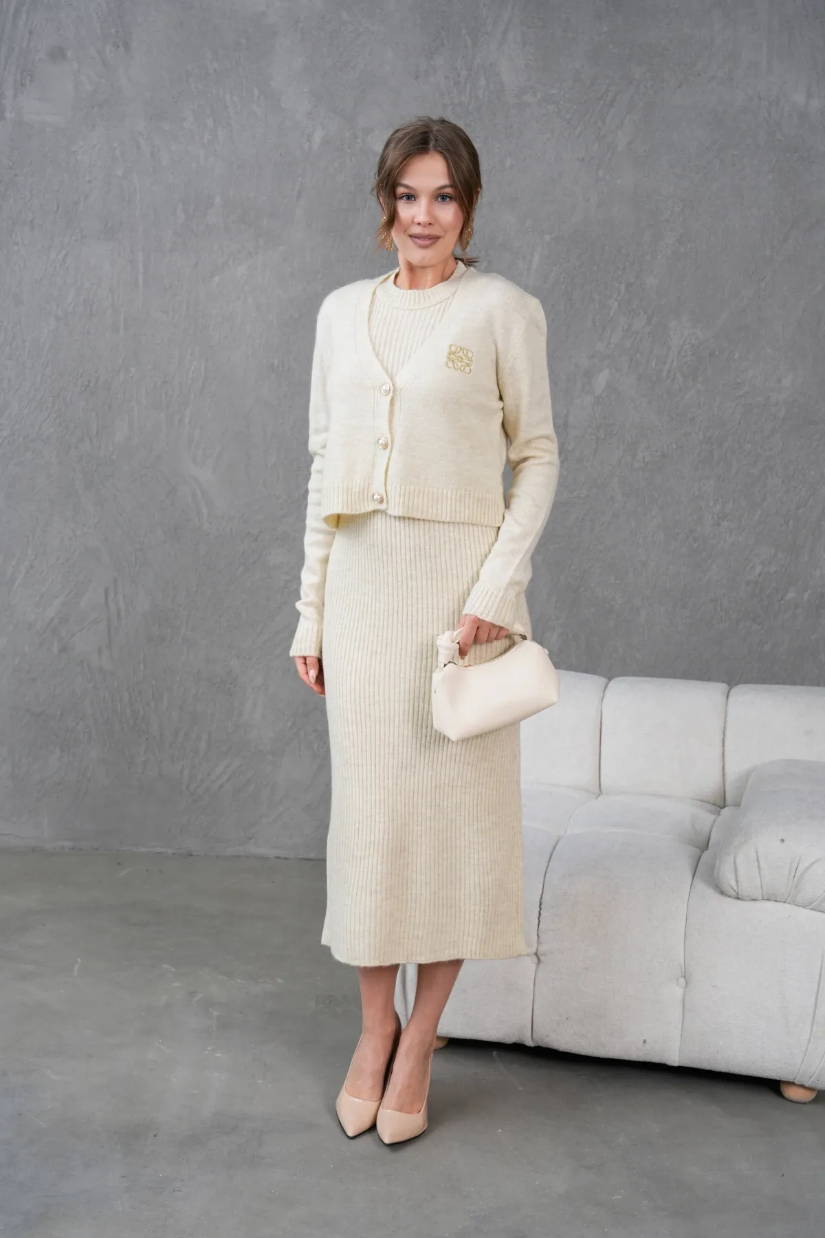 Kadın Düğme Detay Cekt Kolsuz Kaşkorse Elbise İkili Triko Takım