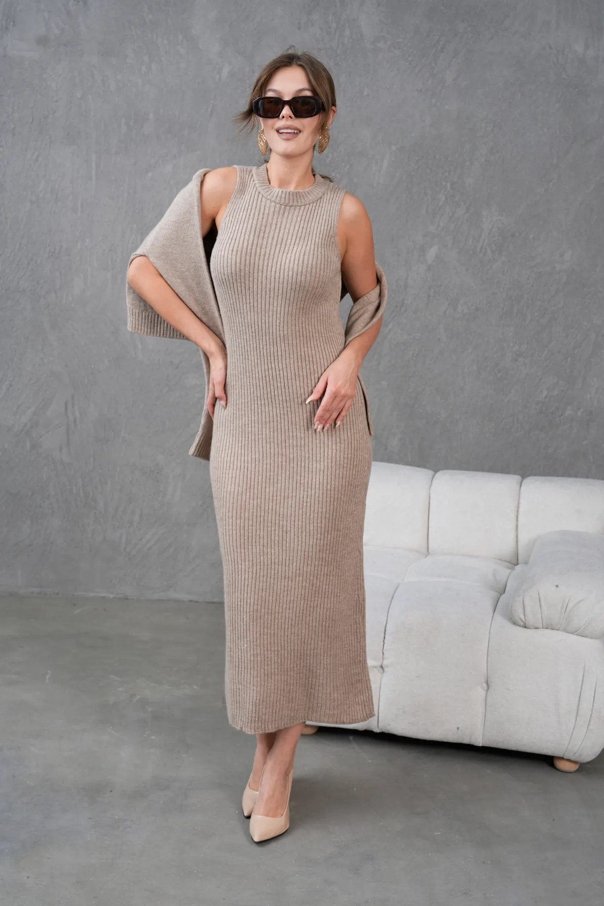 Kadın Düğme Detay Cekt Kolsuz Kaşkorse Elbise İkili Triko Takım