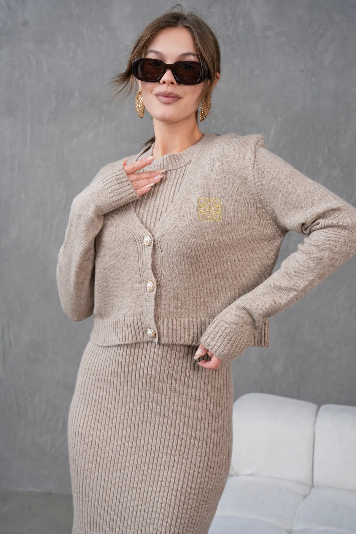 Kadın Düğme Detay Cekt Kolsuz Kaşkorse Elbise İkili Triko Takım