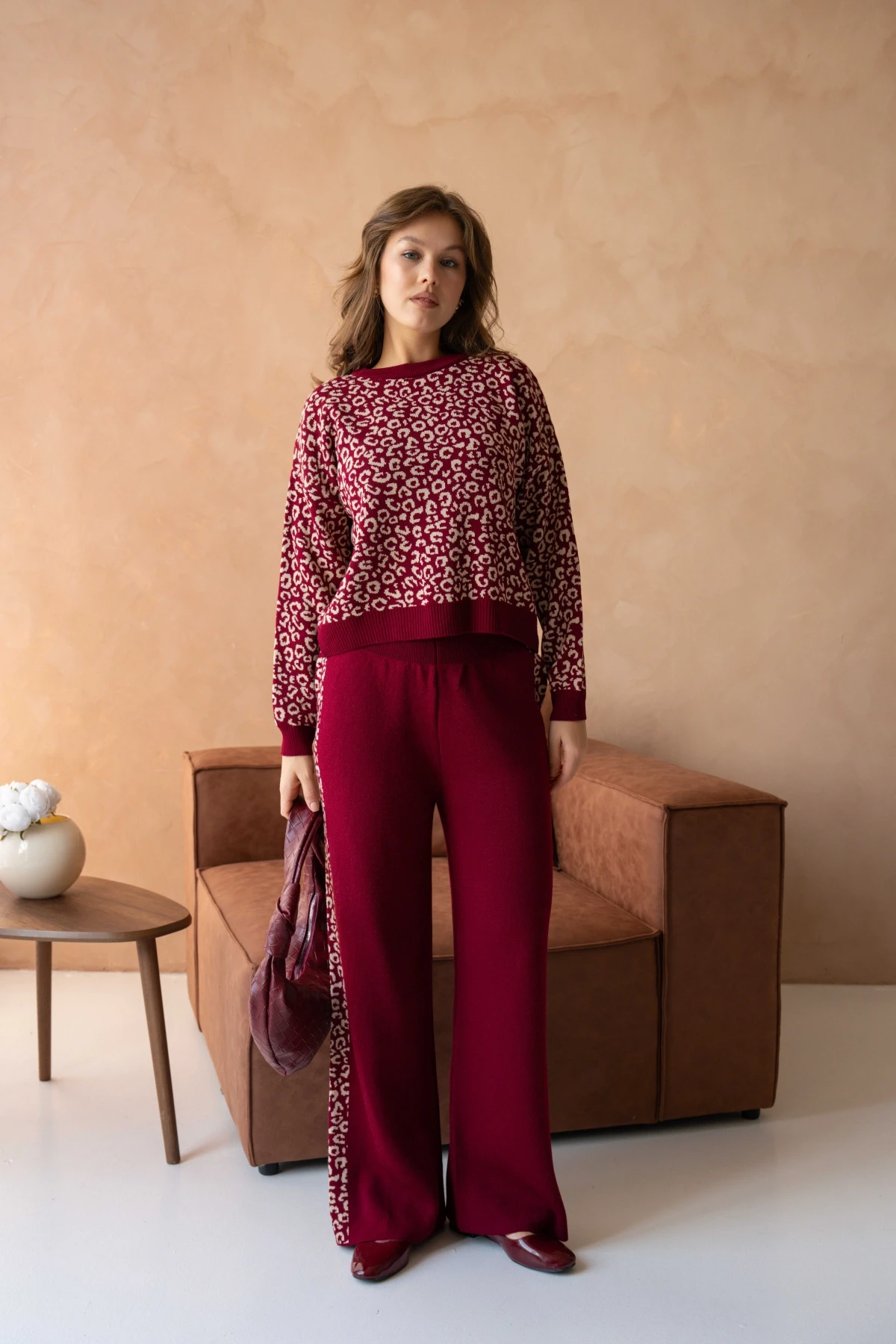 Kadın Geniş Yaka Desenli Kazak Pantolon İkili Triko Takım