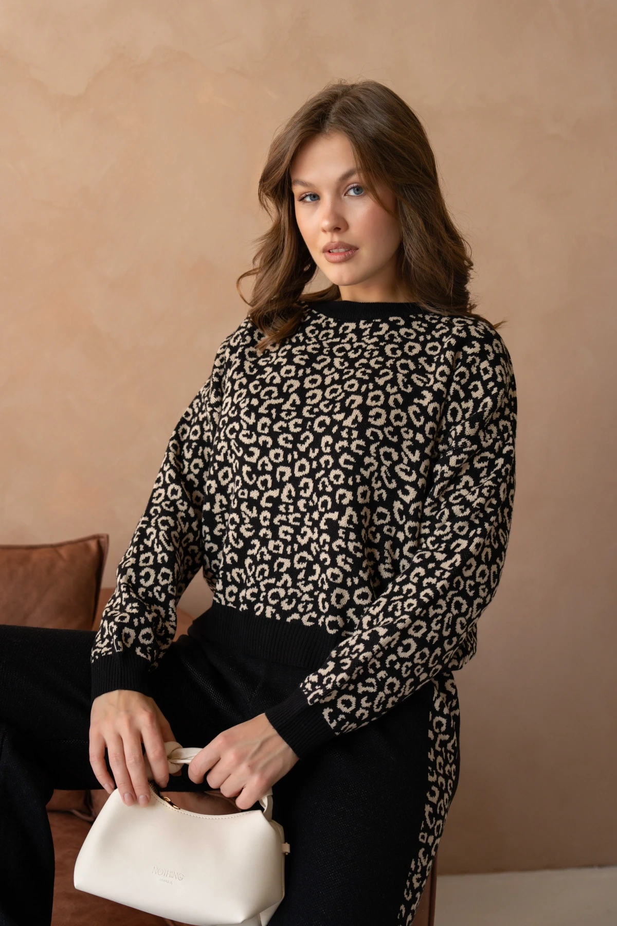 Kadın Geniş Yaka Desenli Kazak Pantolon İkili Triko Takım