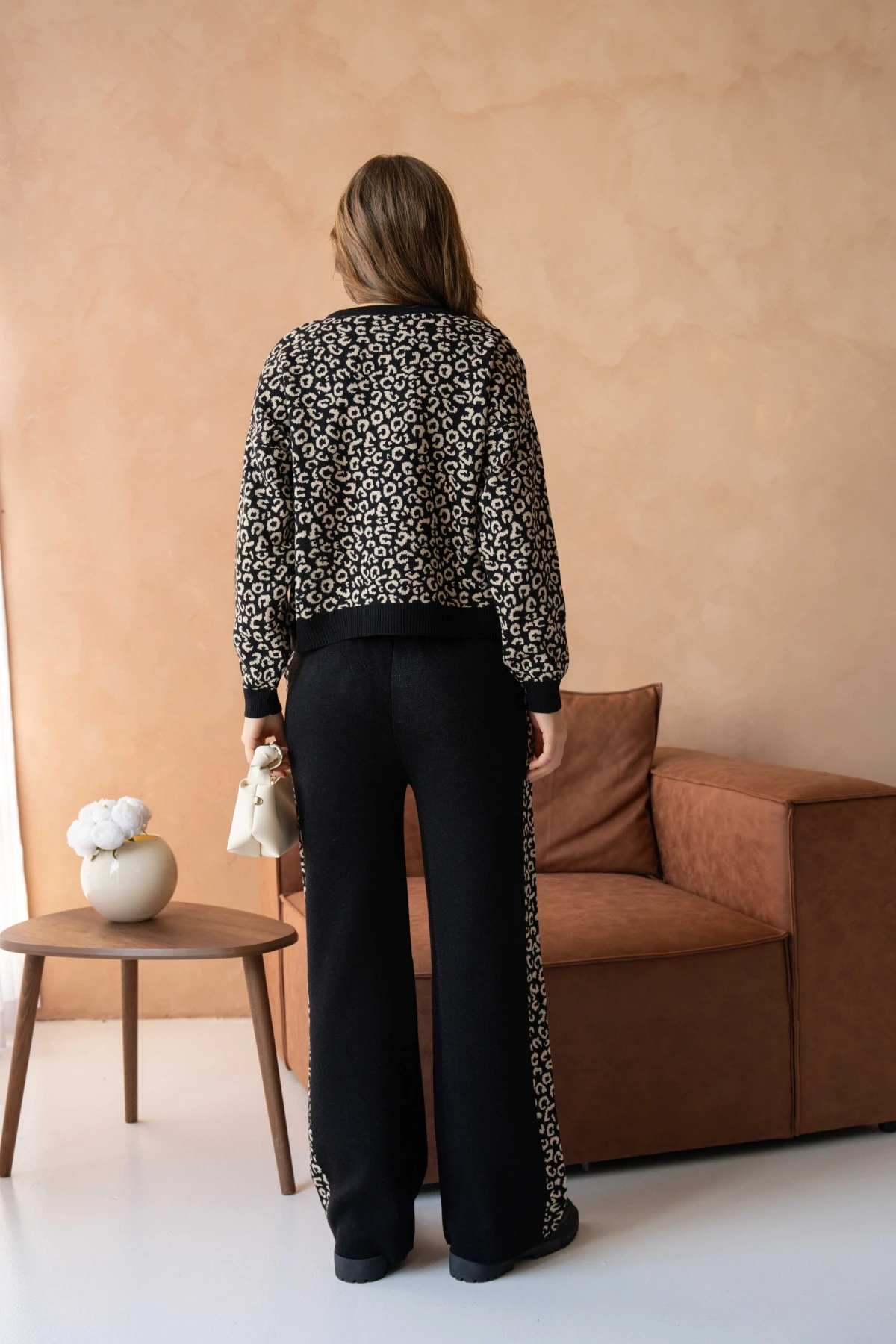 Kadın Geniş Yaka Desenli Kazak Pantolon İkili Triko Takım