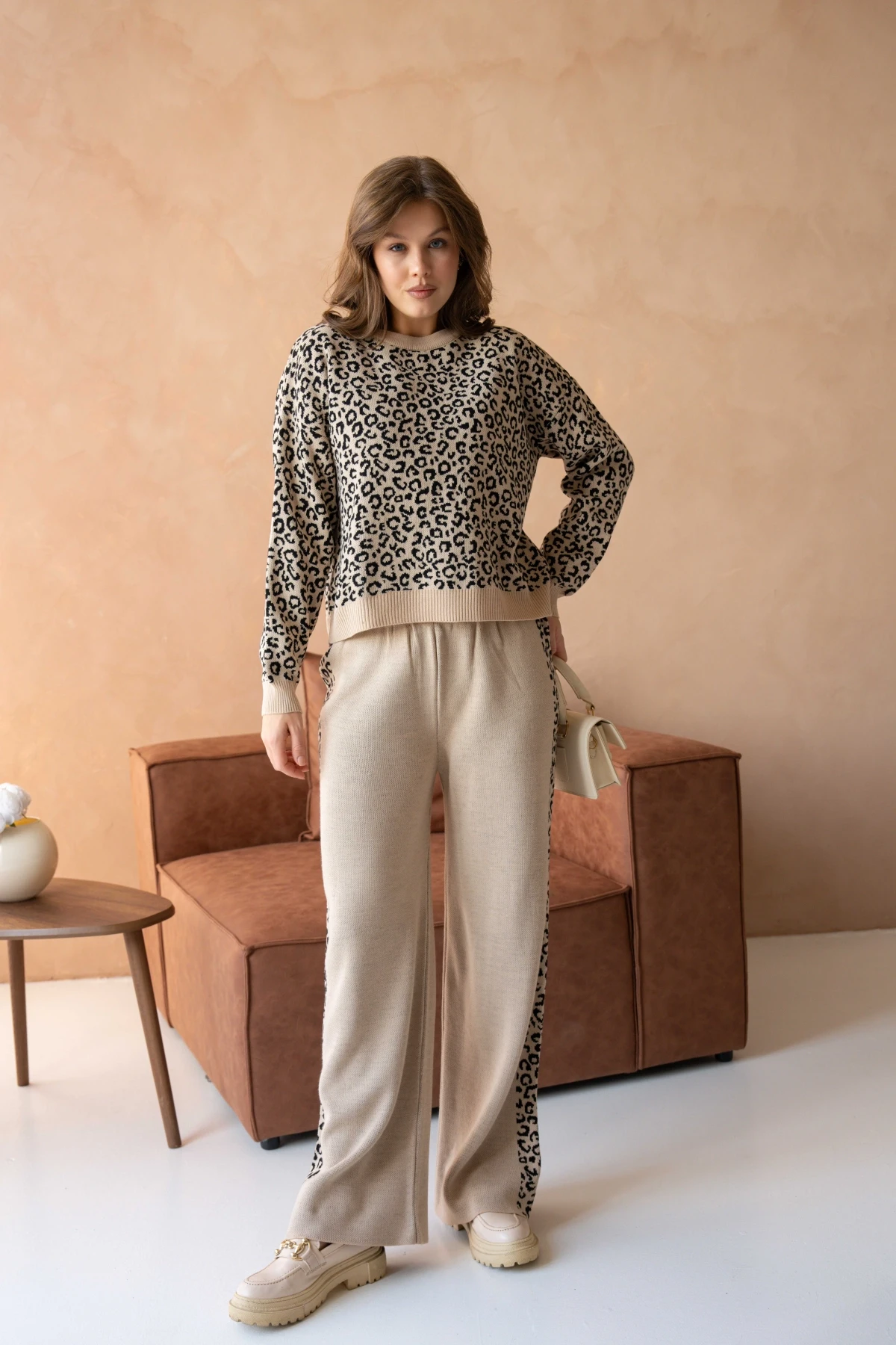 Kadın Geniş Yaka Desenli Kazak Pantolon İkili Triko Takım