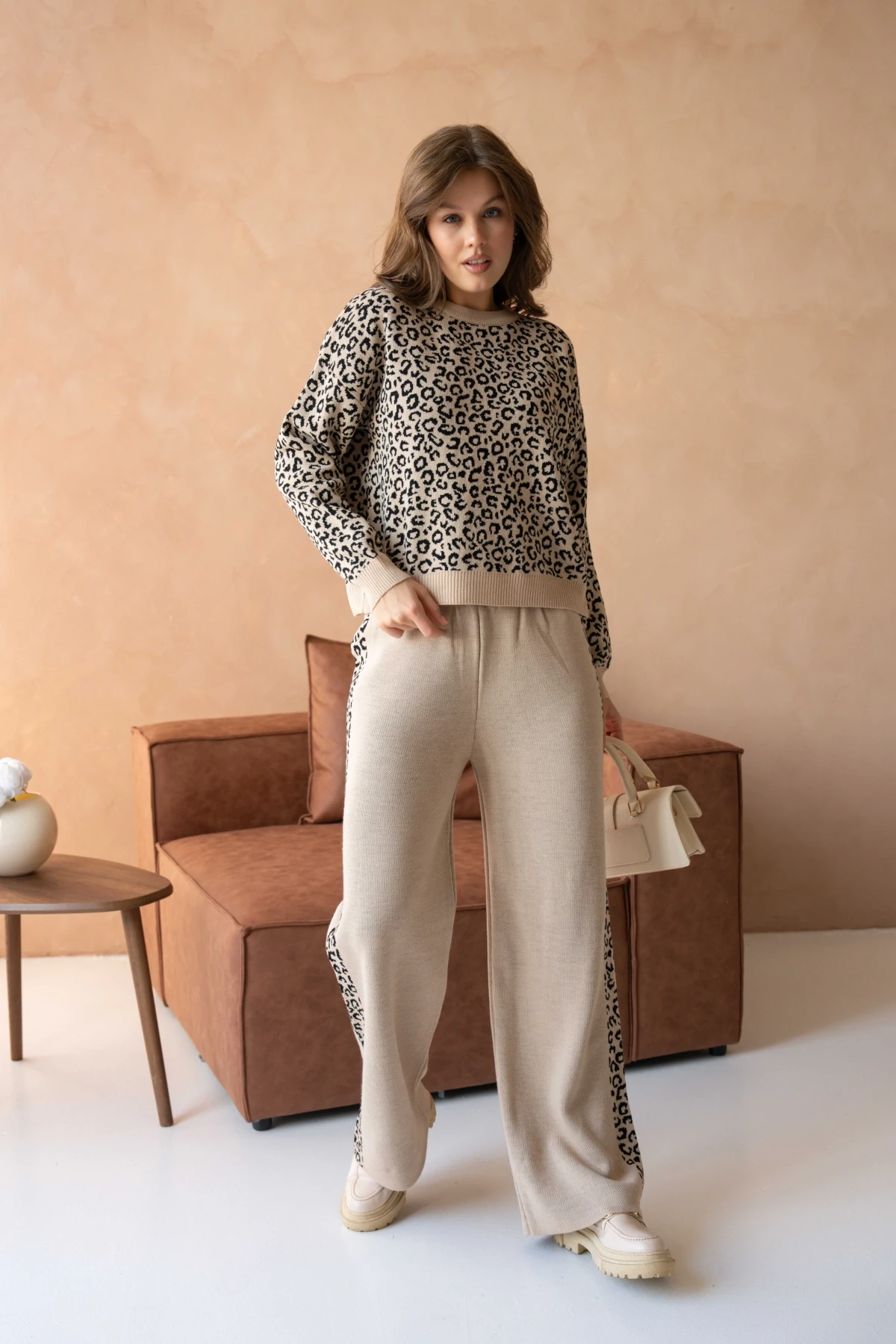 Kadın Geniş Yaka Desenli Kazak Pantolon İkili Triko Takım