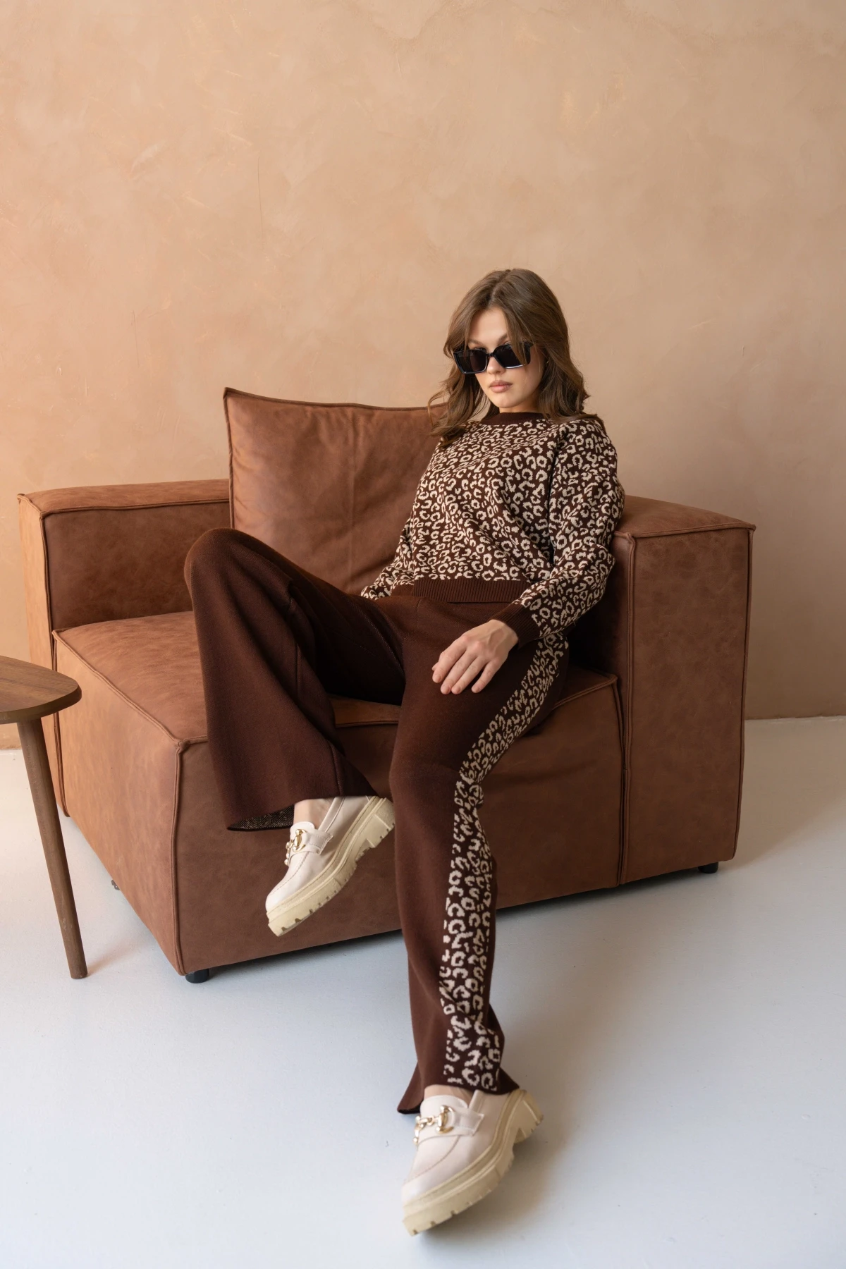 Kadın Geniş Yaka Desenli Kazak Pantolon İkili Triko Takım