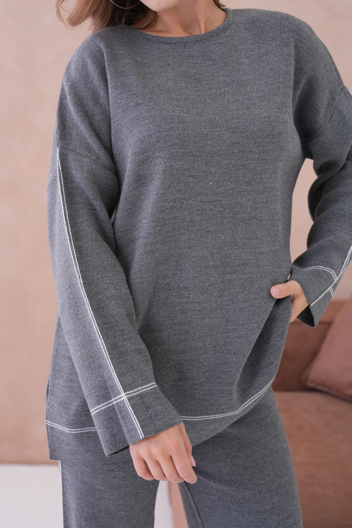 Kadın Geniş Yaka Kazak Pantolon İkili Triko Takım