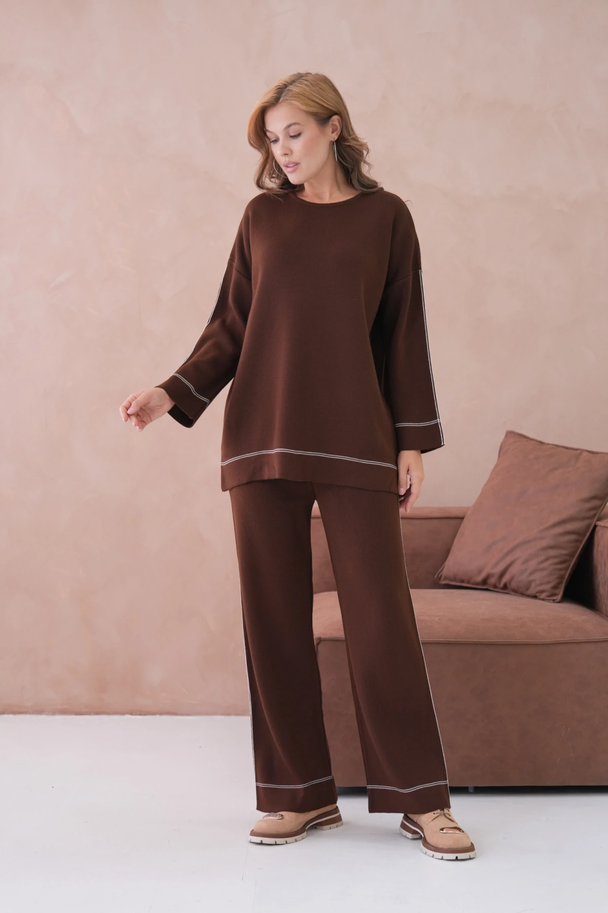 Kadın Geniş Yaka Kazak Pantolon İkili Triko Takım