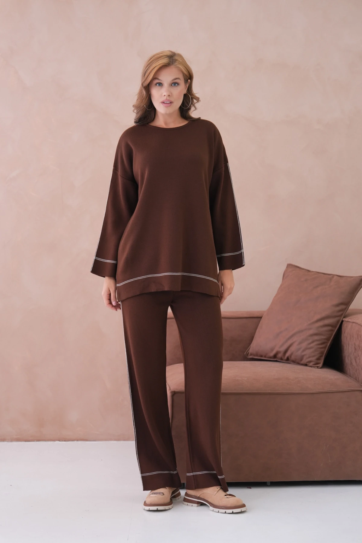 Kadın Geniş Yaka Kazak Pantolon İkili Triko Takım