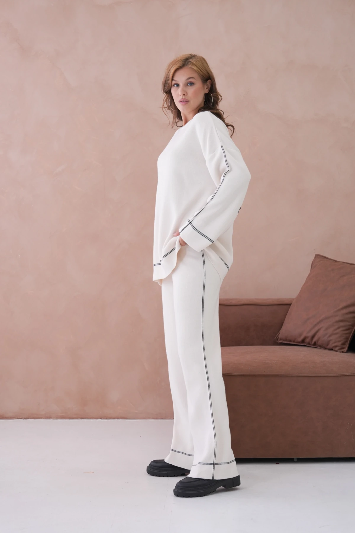 Kadın Geniş Yaka Kazak Pantolon İkili Triko Takım