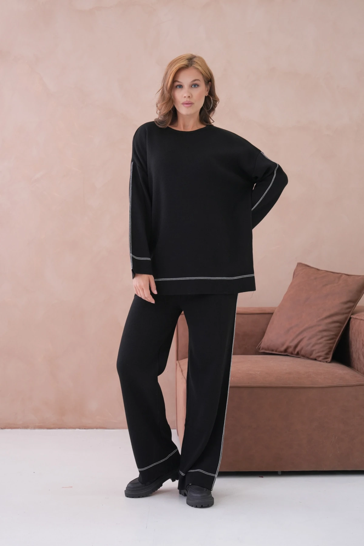 Kadın Geniş Yaka Kazak Pantolon İkili Triko Takım