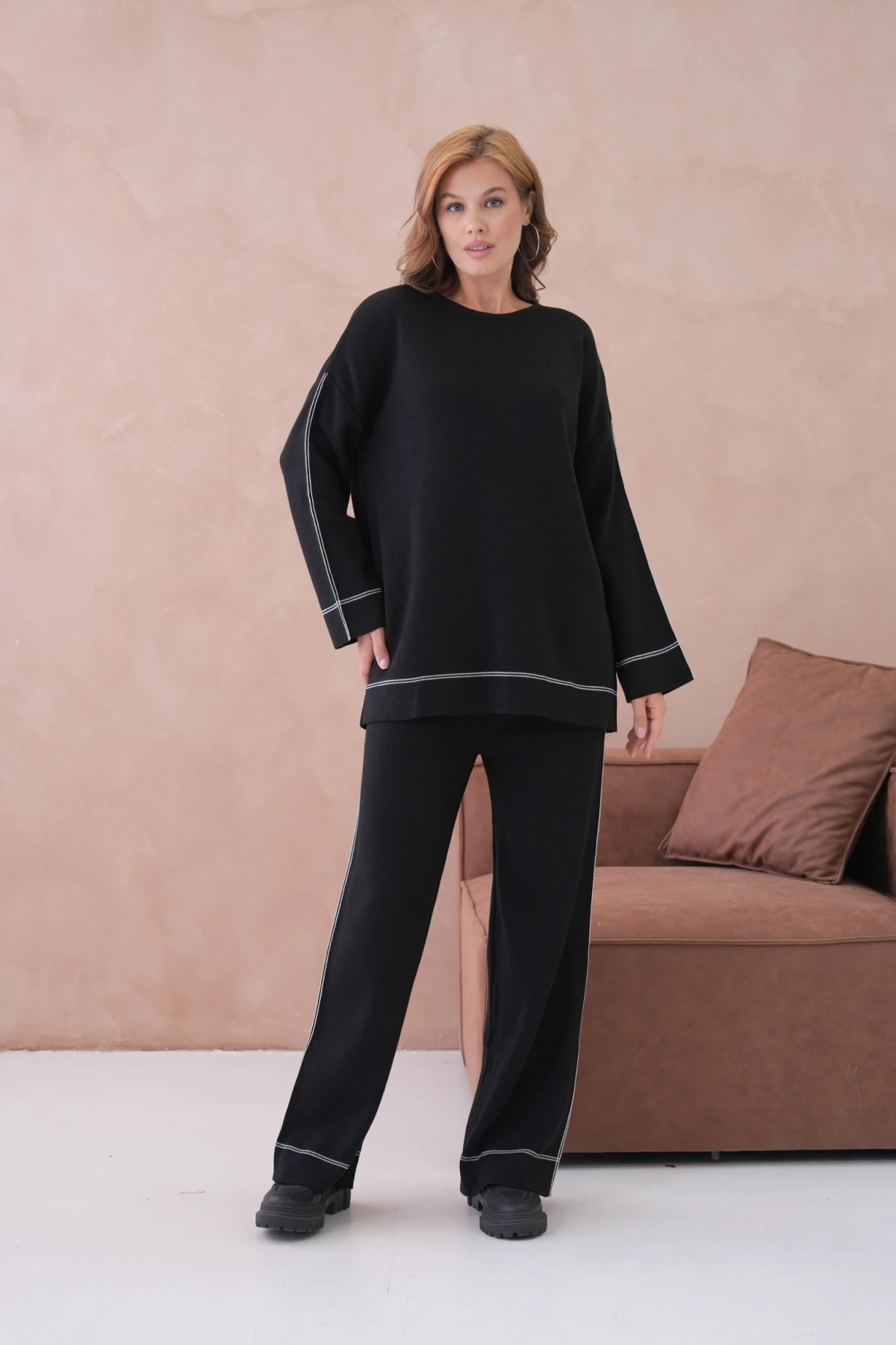 Kadın Geniş Yaka Kazak Pantolon İkili Triko Takım