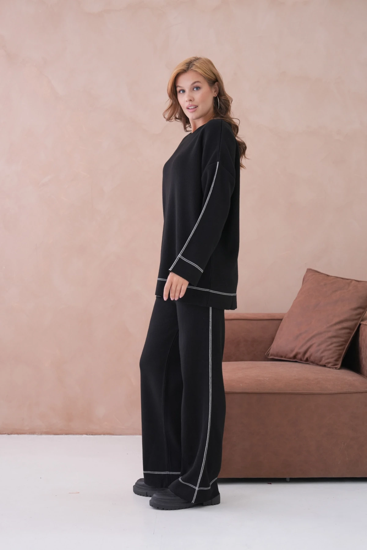 Kadın Geniş Yaka Kazak Pantolon İkili Triko Takım