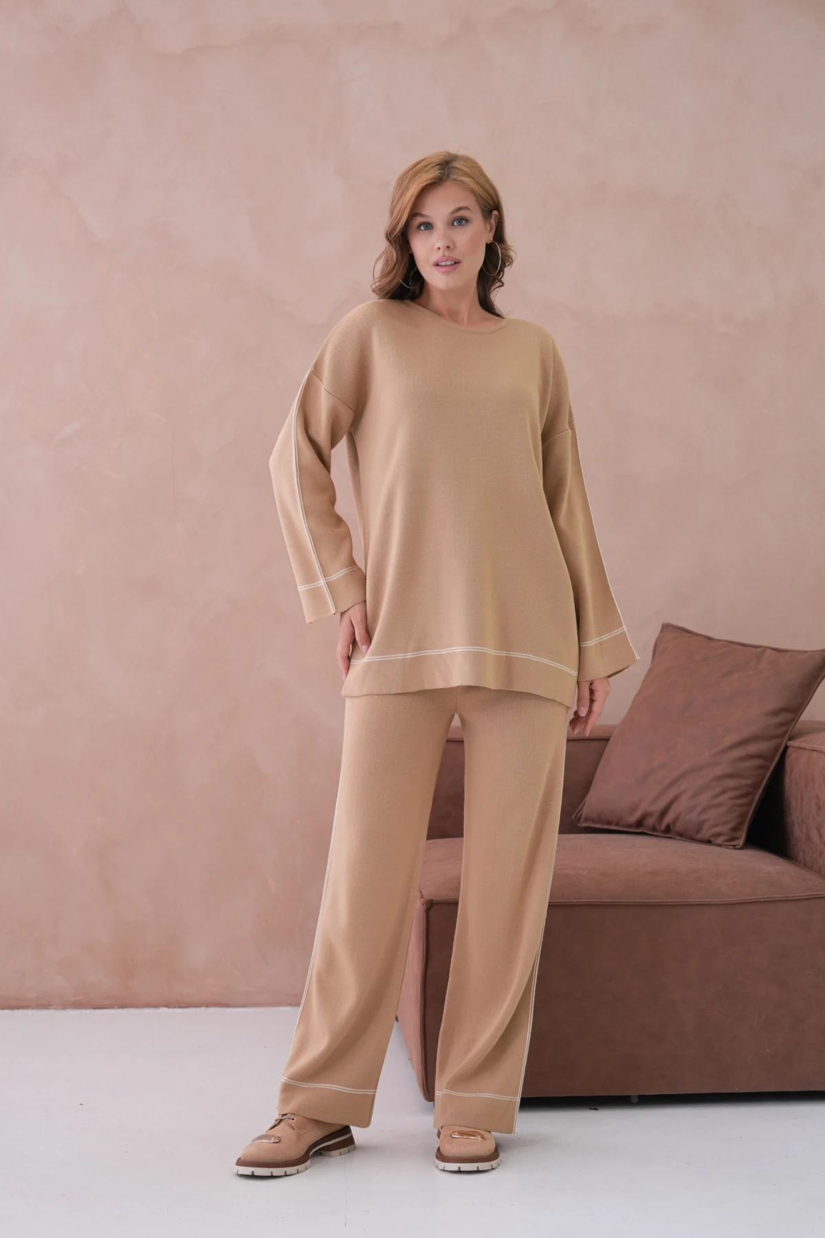 Kadın Geniş Yaka Kazak Pantolon İkili Triko Takım