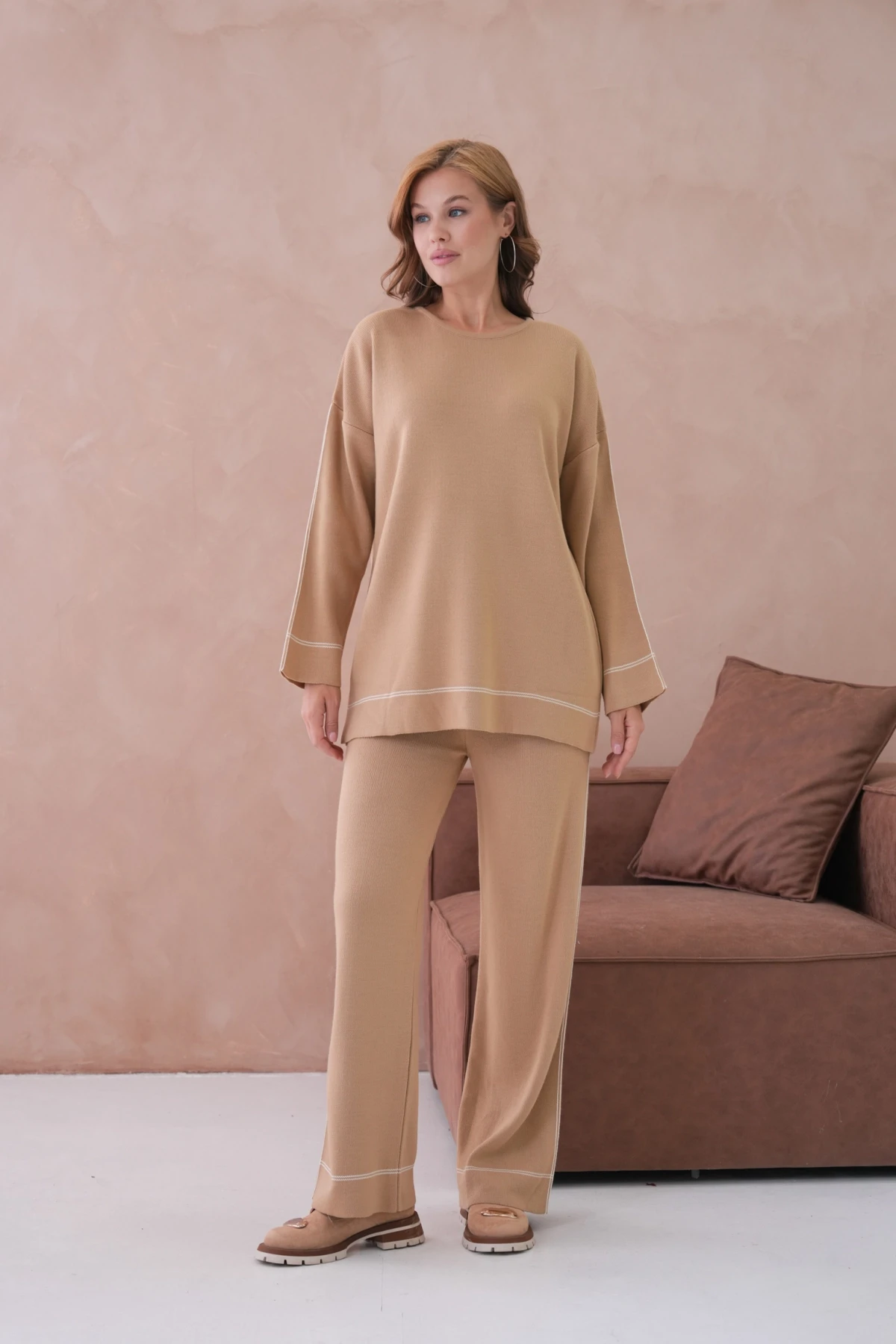 Kadın Geniş Yaka Kazak Pantolon İkili Triko Takım