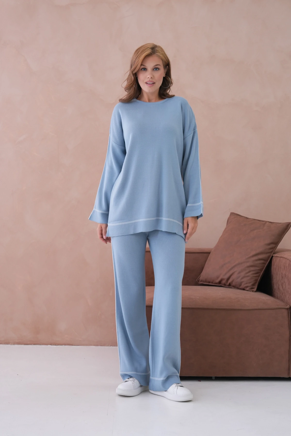 Kadın Geniş Yaka Kazak Pantolon İkili Triko Takım