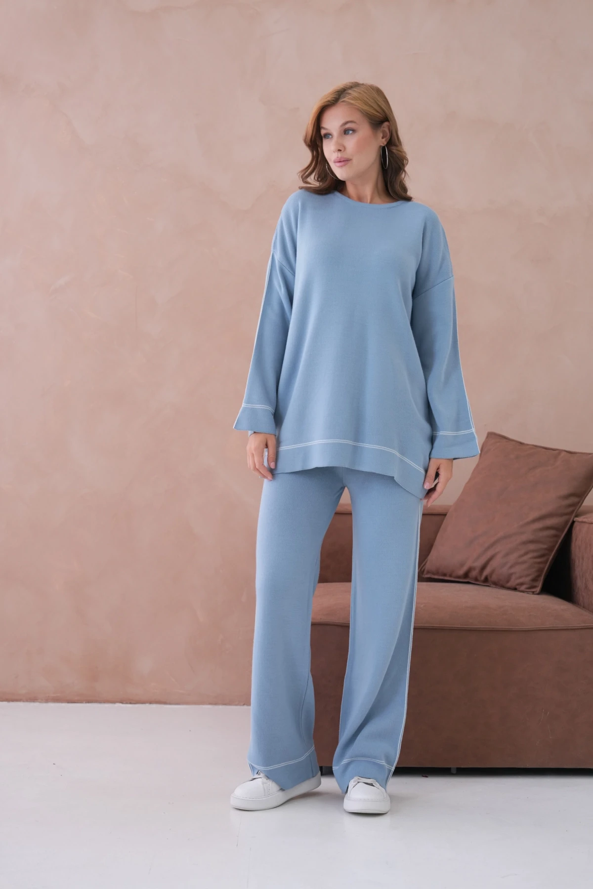 Kadın Geniş Yaka Kazak Pantolon İkili Triko Takım