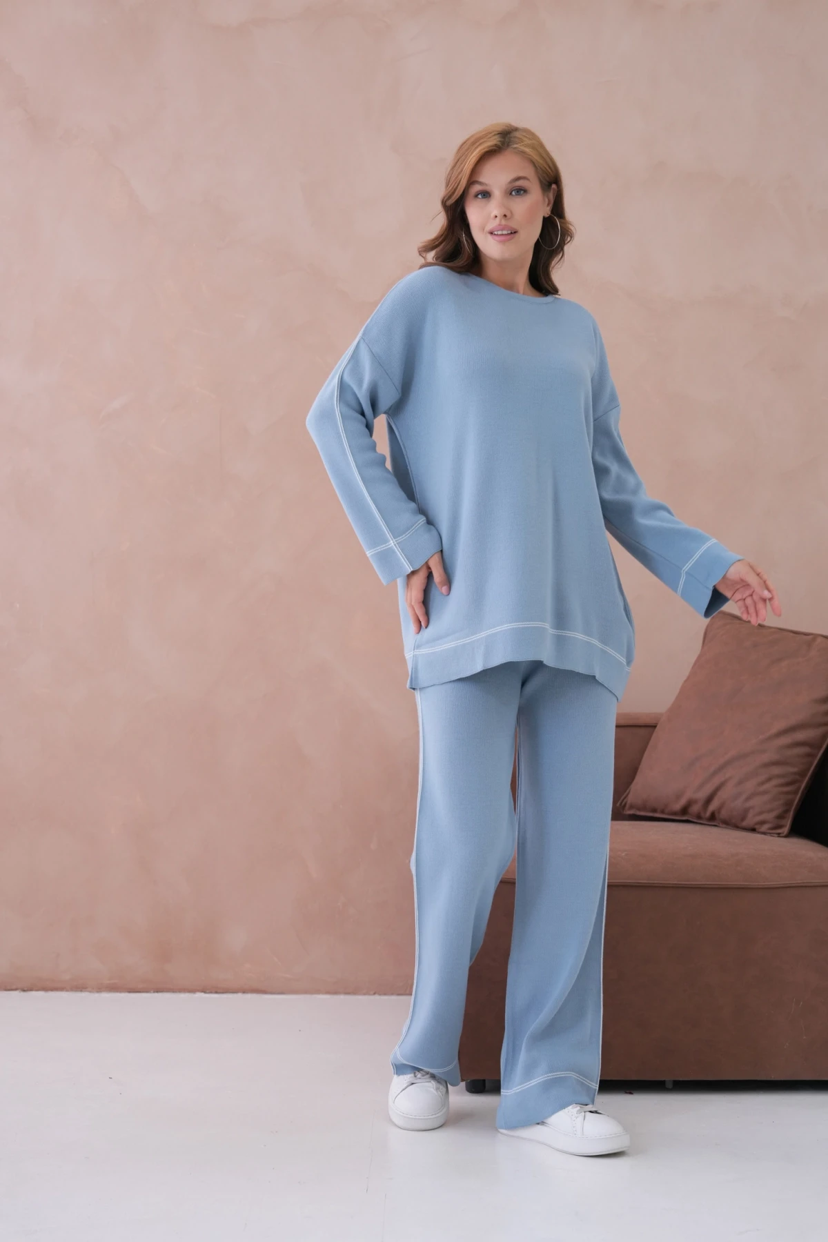 Kadın Geniş Yaka Kazak Pantolon İkili Triko Takım