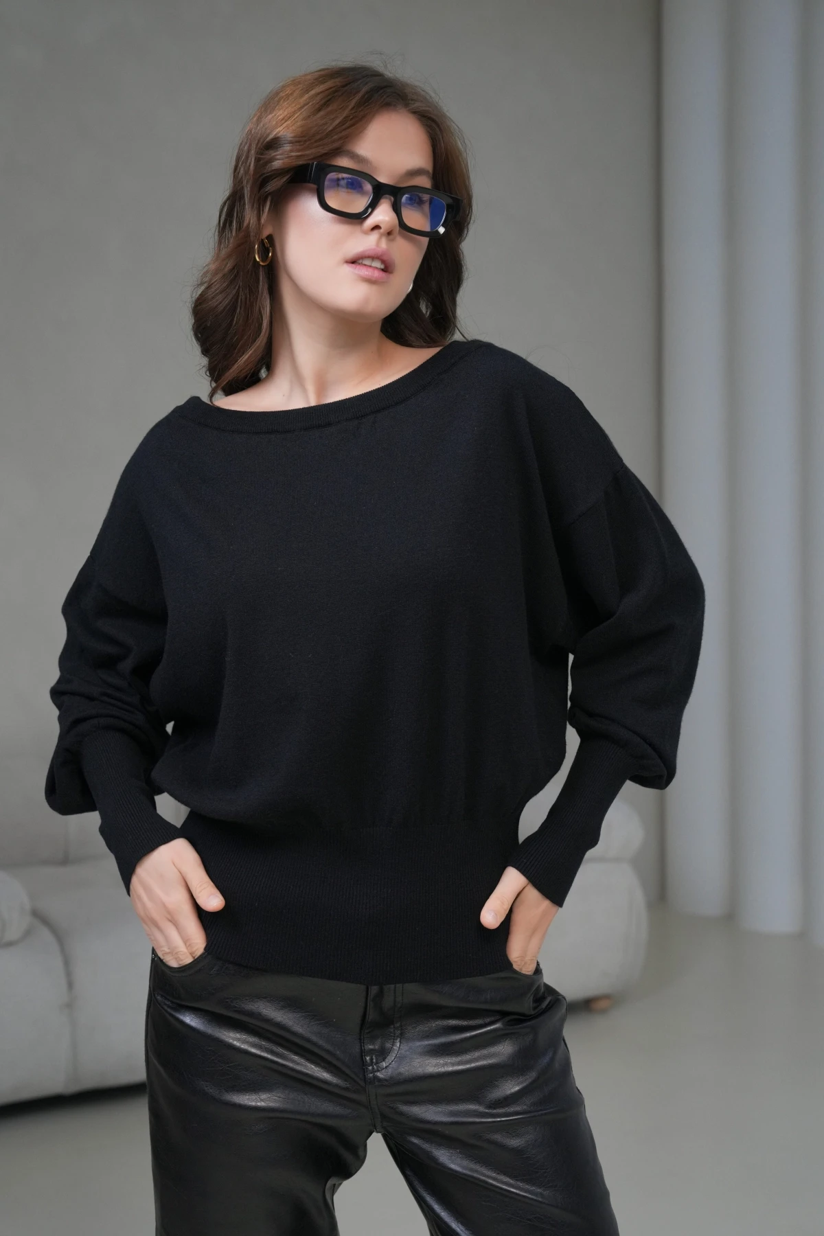 kadın geniş yaka koll detay trko kazak