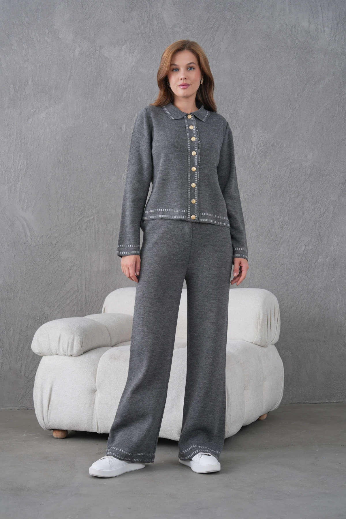 Kadın Gömlek Yaka Düğme Detay Ceket Pantolon İkili Triko Takım