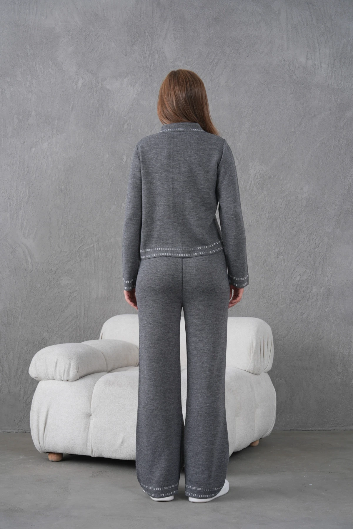 Kadın Gömlek Yaka Düğme Detay Ceket Pantolon İkili Triko Takım