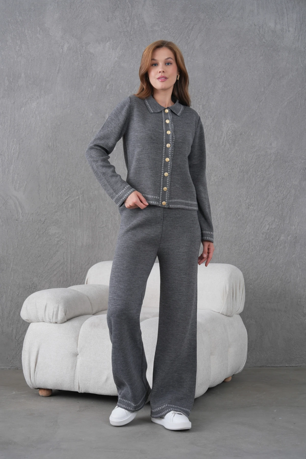 Kadın Gömlek Yaka Düğme Detay Ceket Pantolon İkili Triko Takım