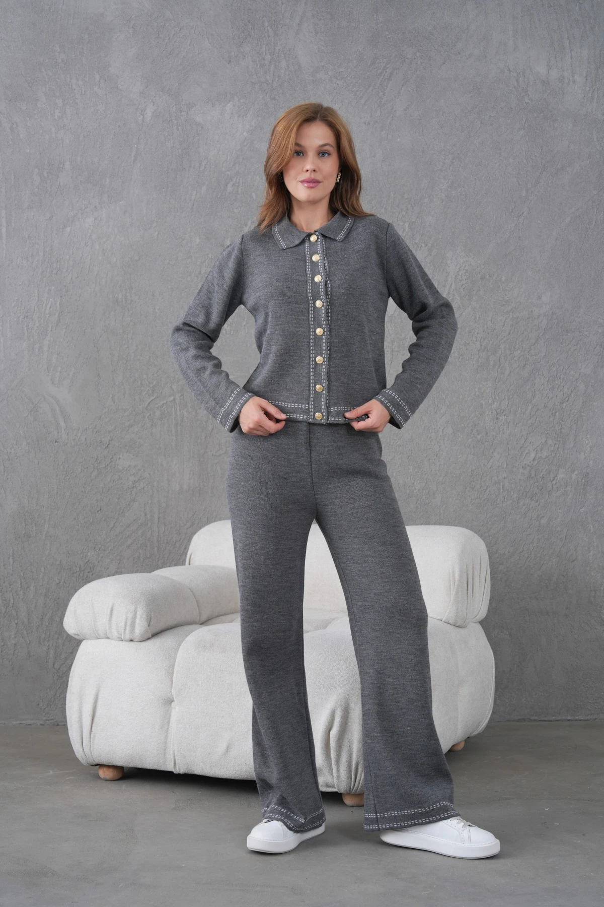 Kadın Gömlek Yaka Düğme Detay Ceket Pantolon İkili Triko Takım