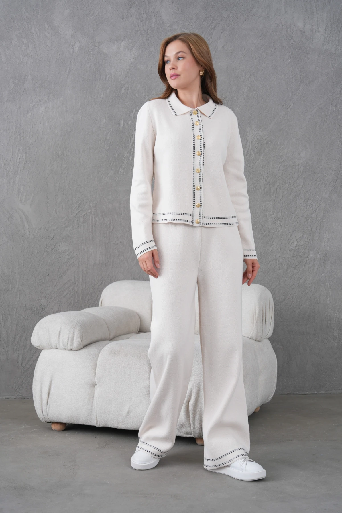 Kadın Gömlek Yaka Düğme Detay Ceket Pantolon İkili Triko Takım