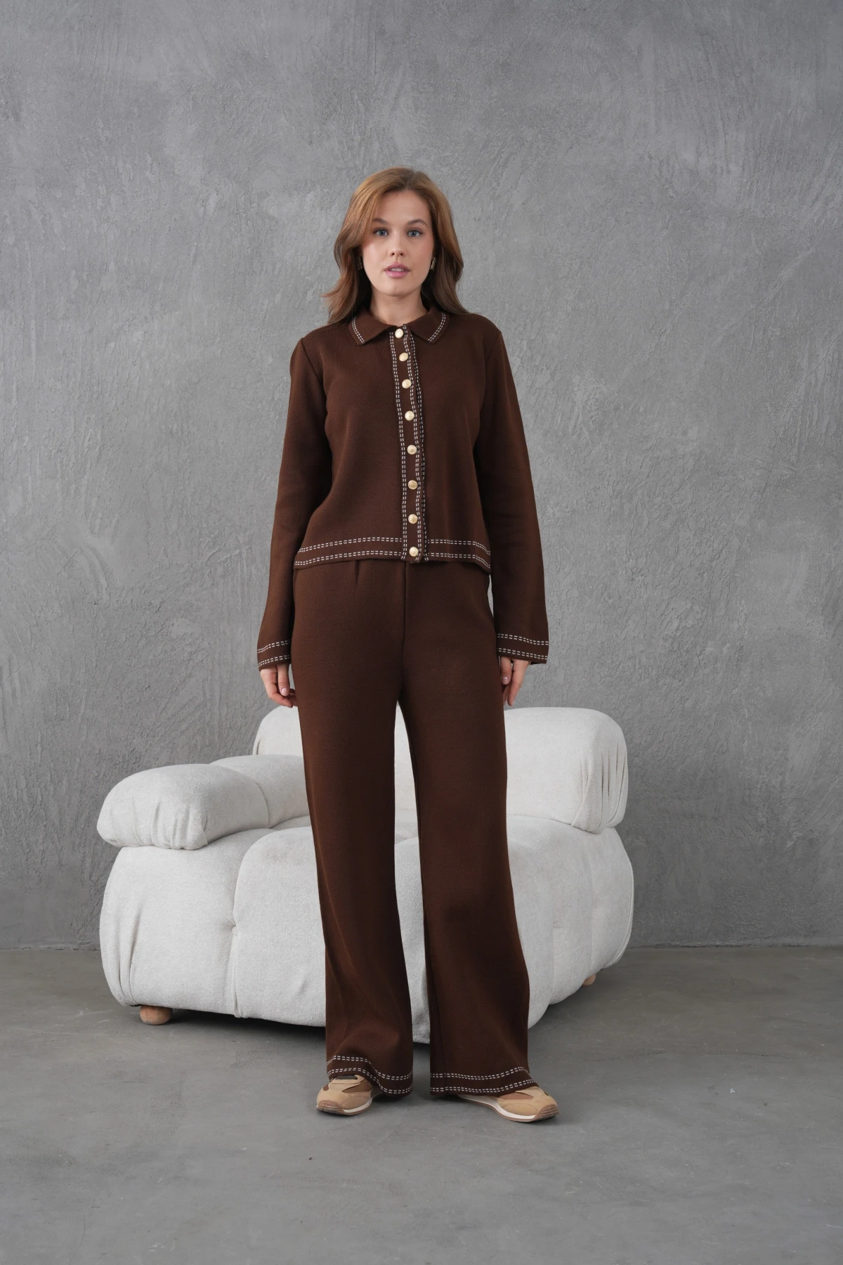 Kadın Gömlek Yaka Düğme Detay Ceket Pantolon İkili Triko Takım