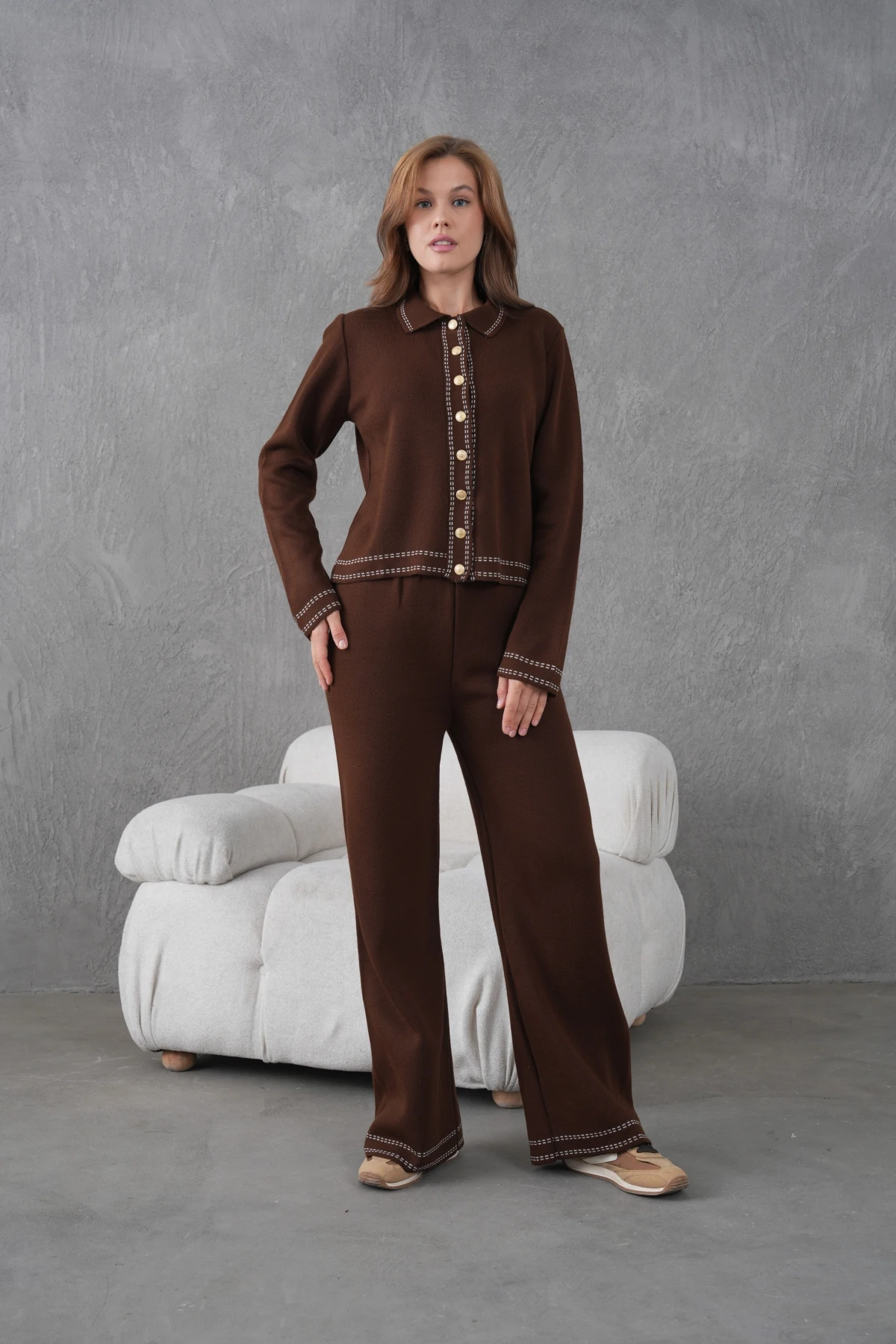 Kadın Gömlek Yaka Düğme Detay Ceket Pantolon İkili Triko Takım