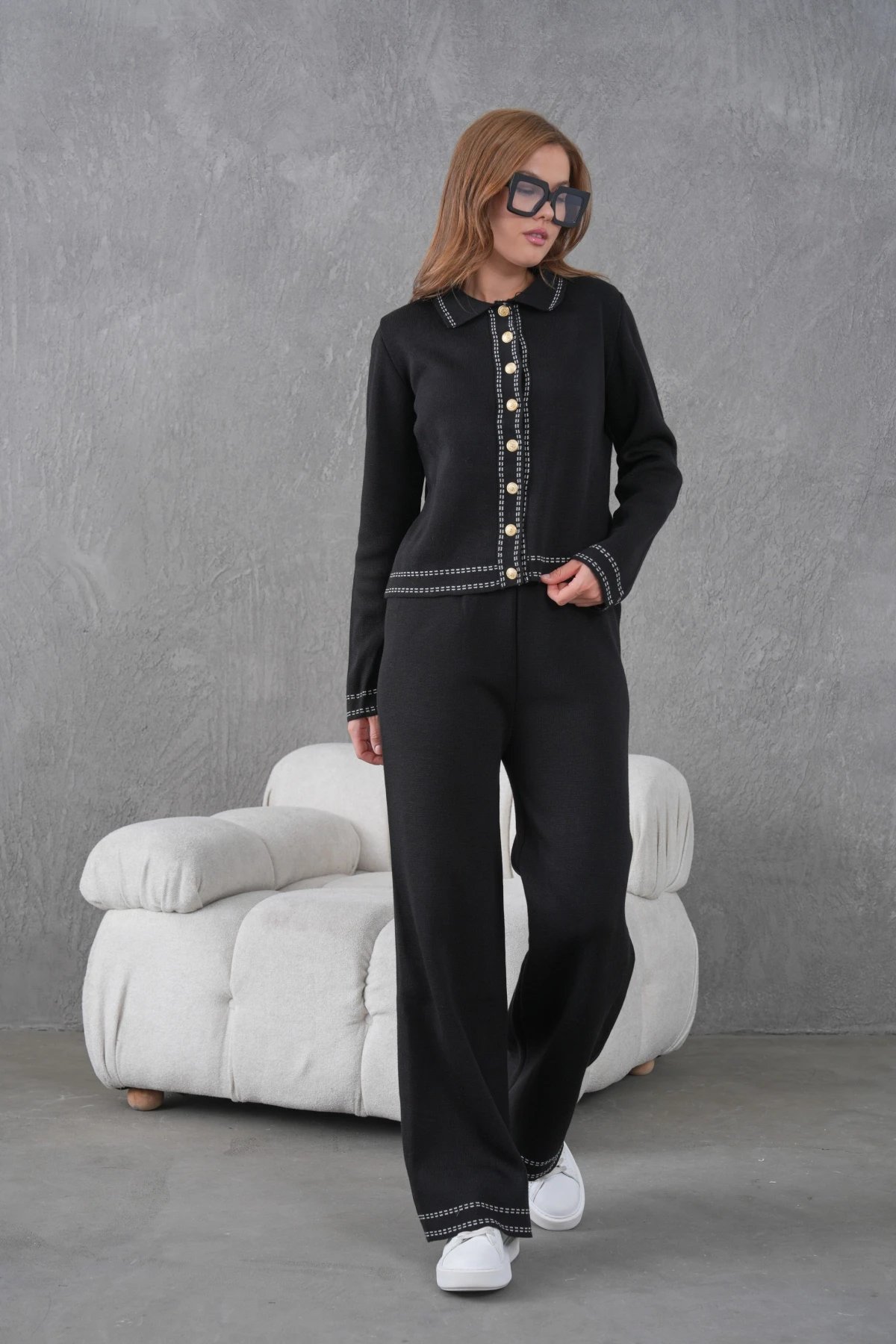 Kadın Gömlek Yaka Düğme Detay Ceket Pantolon İkili Triko Takım