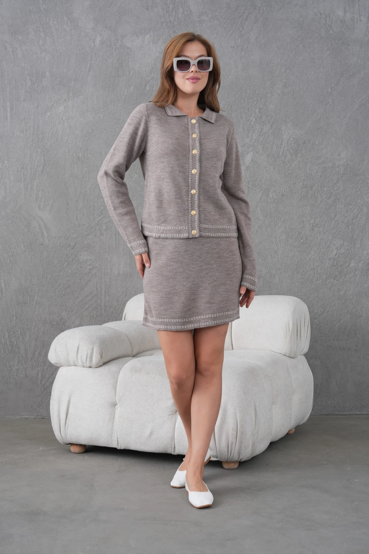 Kadın Bisiklet Yaka Düğme Kapama Desenli Ceket Etek İkili Triko Takım 12308