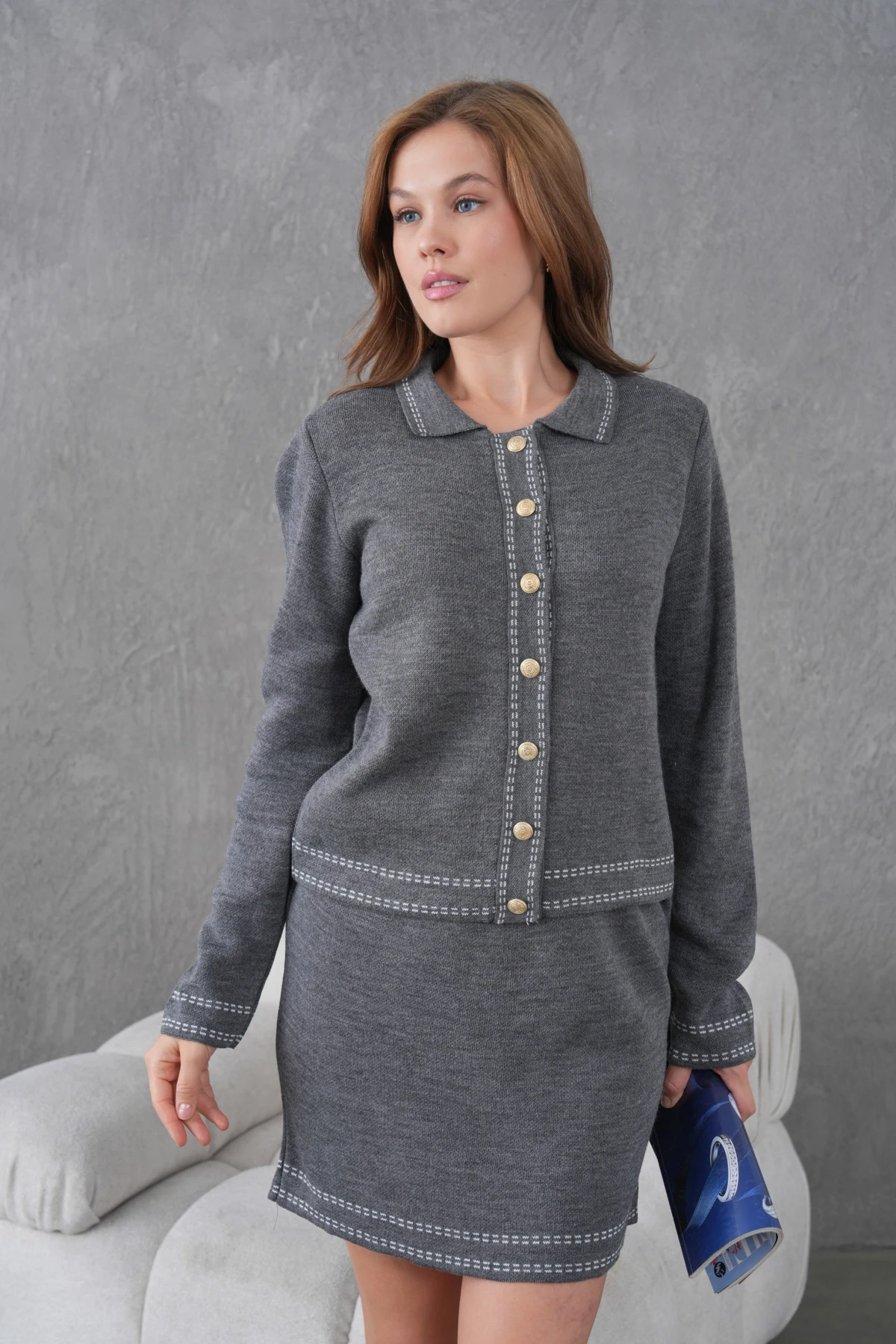 Kadın Bisiklet Yaka Düğme Kapama Desenli Ceket Etek İkili Triko Takım 12308