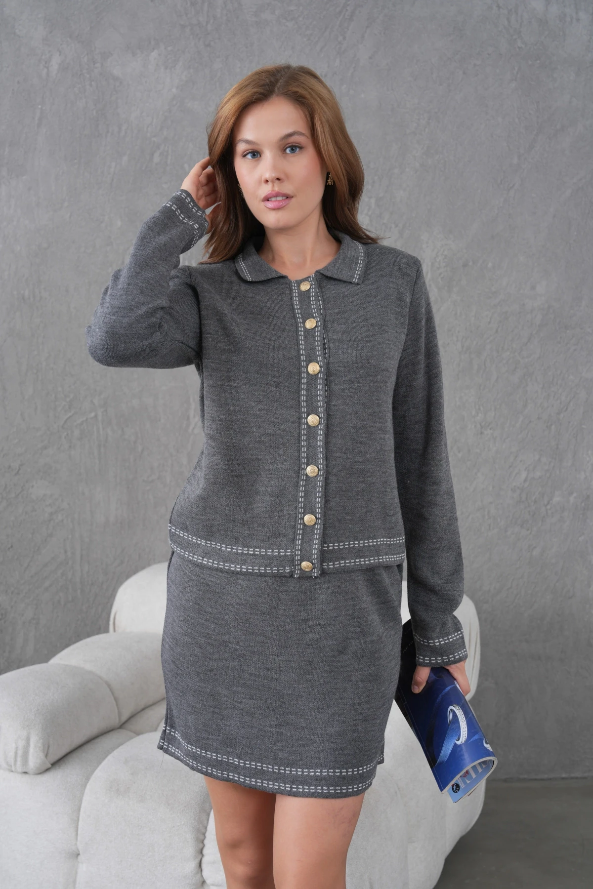 Kadın Bisiklet Yaka Düğme Kapama Desenli Ceket Etek İkili Triko Takım 12308