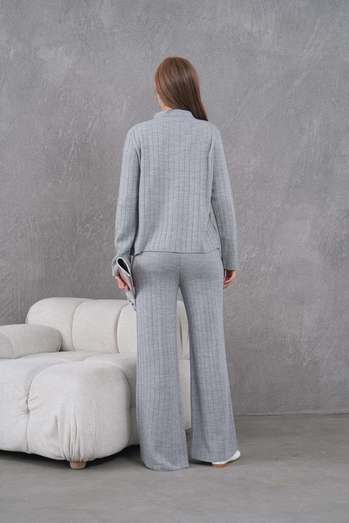 Kadın Gömlek Yaka Düğme Kapama Desenli Ceket Pantolon İkili Triko Takım