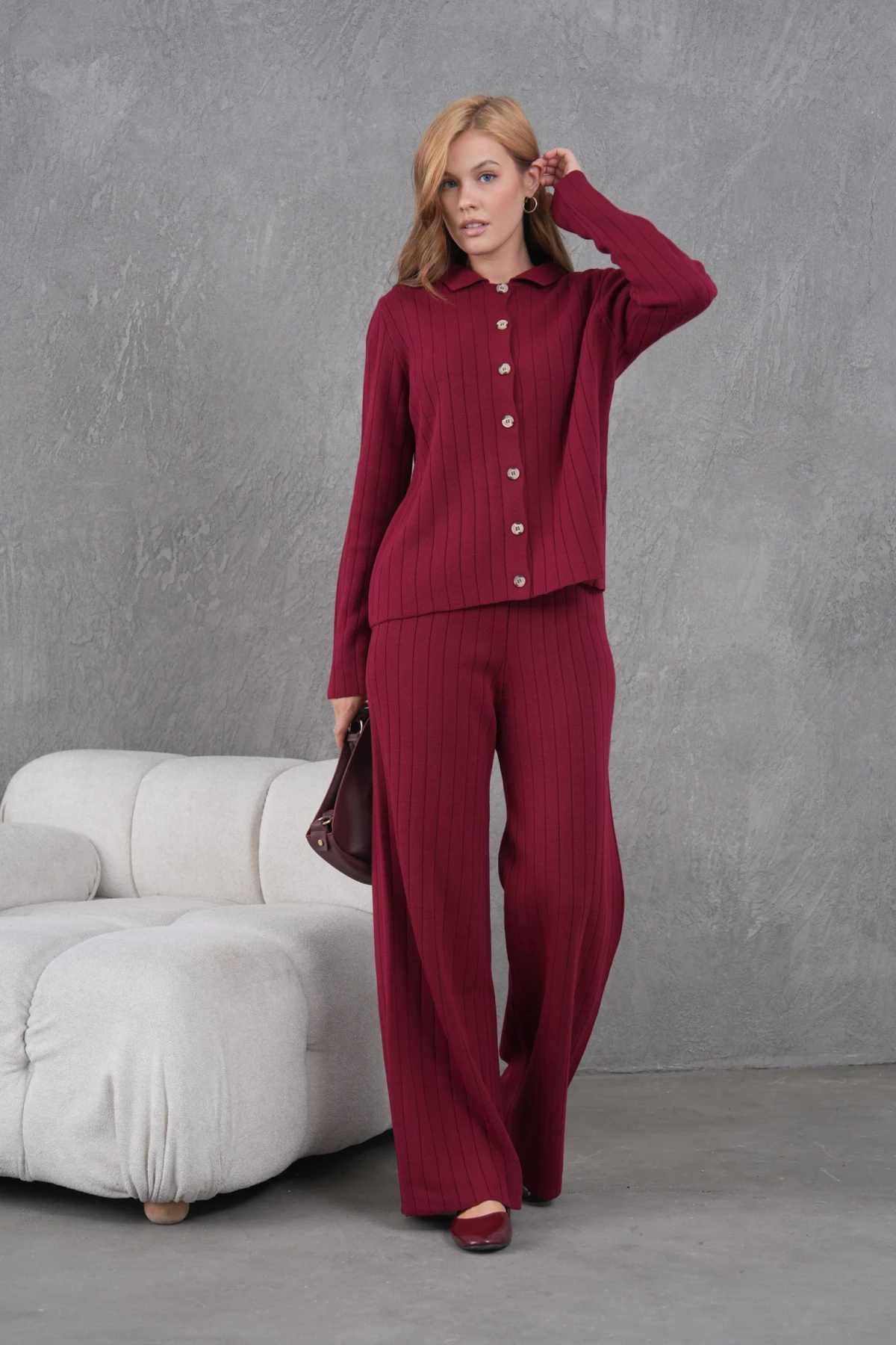 Kadın Gömlek Yaka Düğme Kapama Desenli Ceket Pantolon İkili Triko Takım